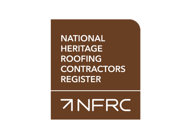 Logo of the national heitage roofing contractors Register , Brown logo with white writing