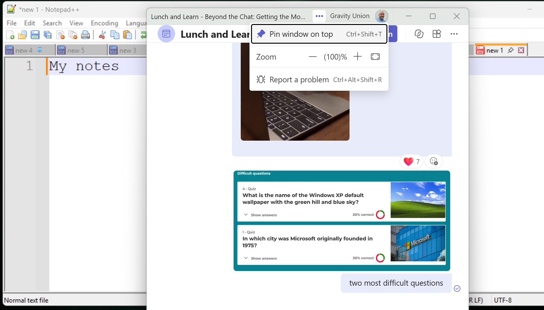 A screenshot of a Teams popout window with emphasis on the option to pin window on top