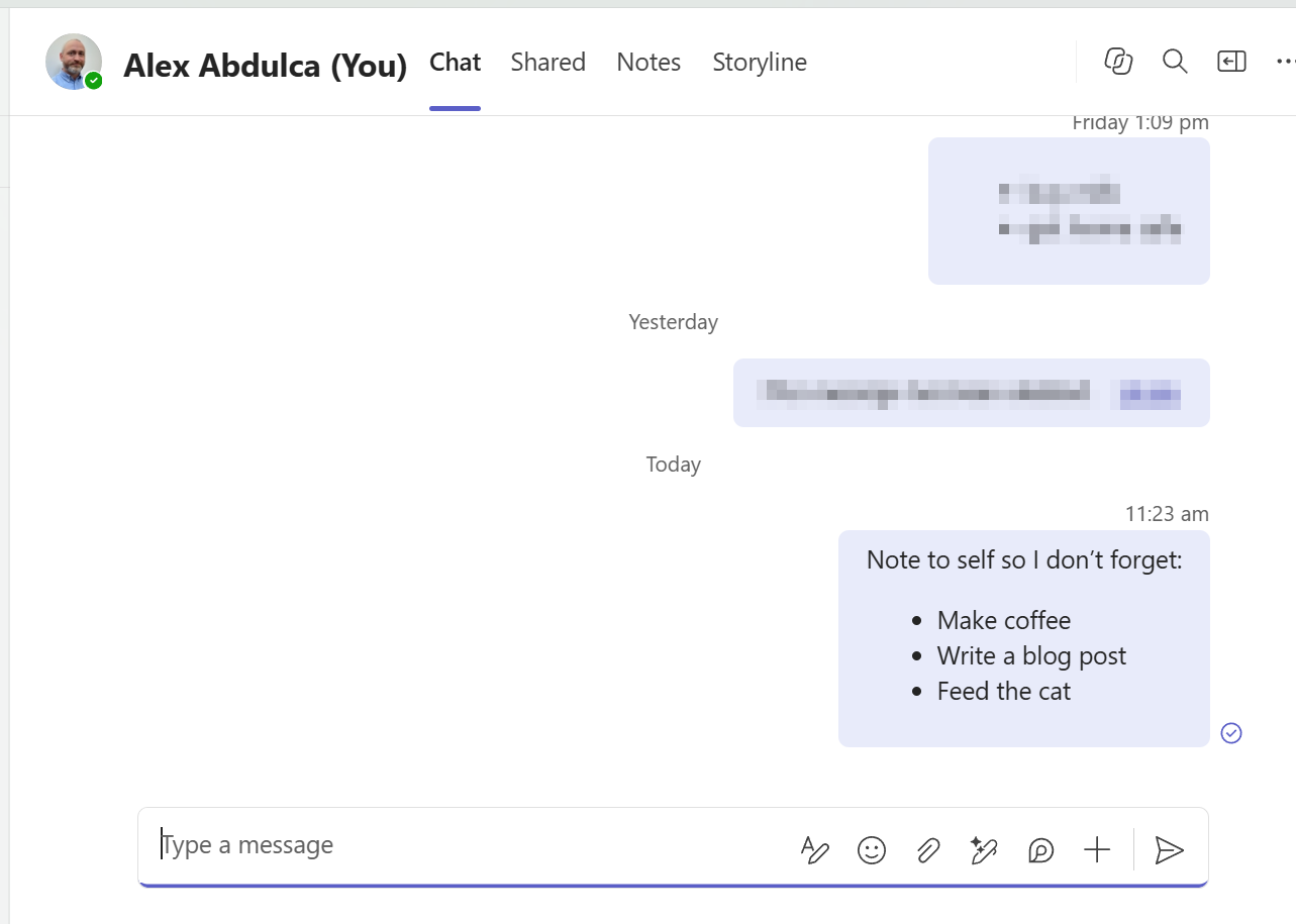 A screenshot of a Teams chatbox with yourself which serves as a personal notepad.