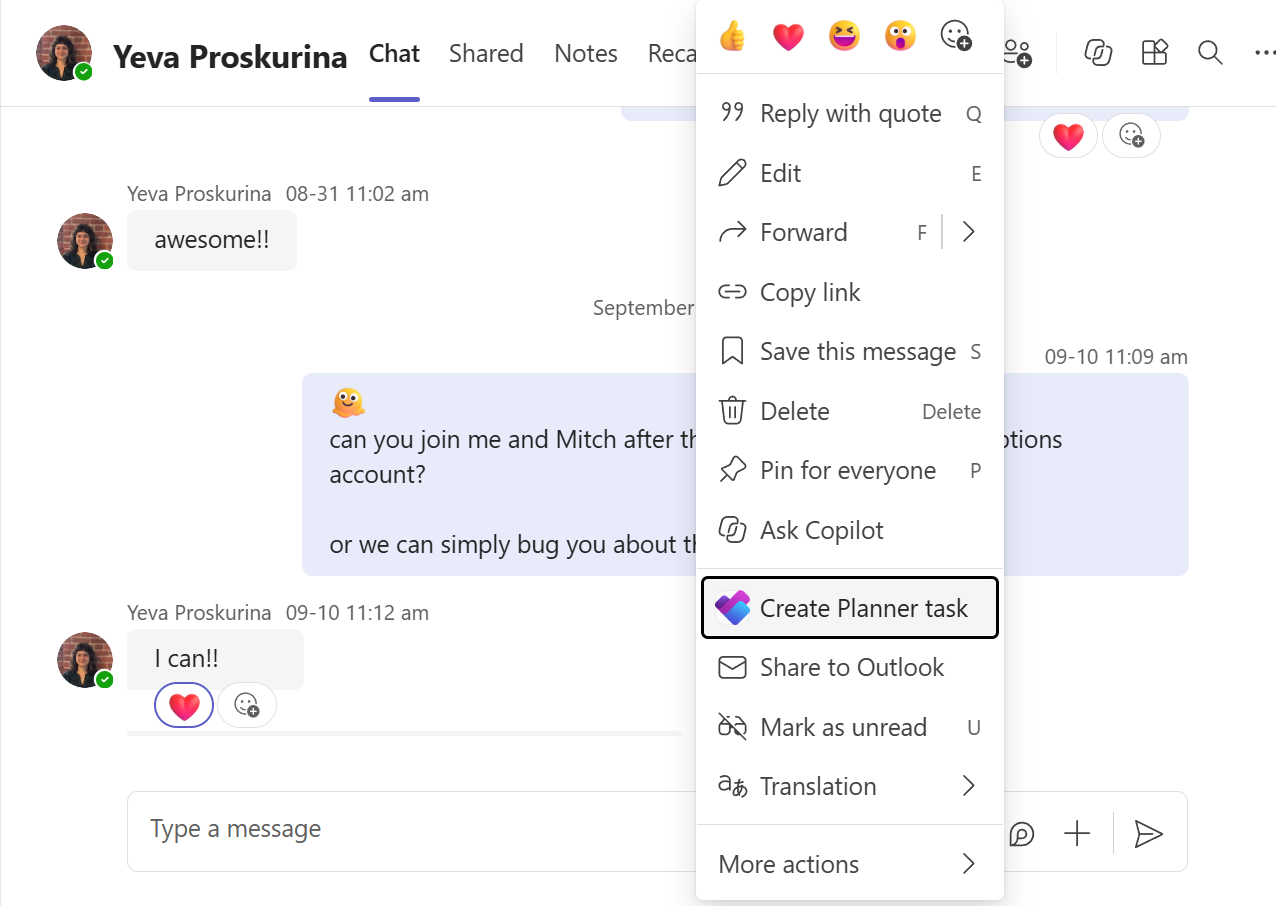 A screenshot of a Teams chat with the other options open, emphasizing Create Planner task