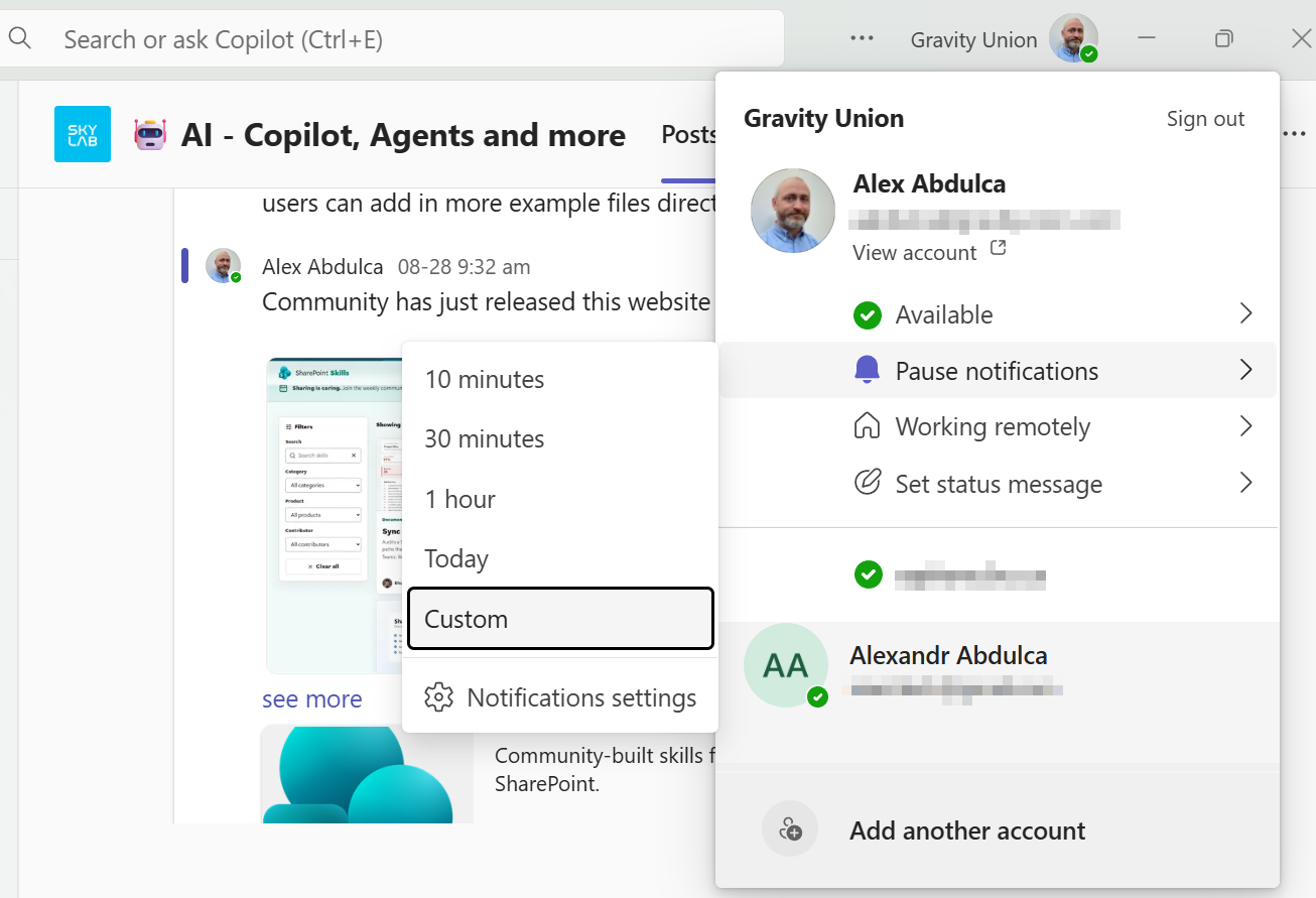 A screenshot of a Teams profile menu, highlighting the custom Pause notifications options