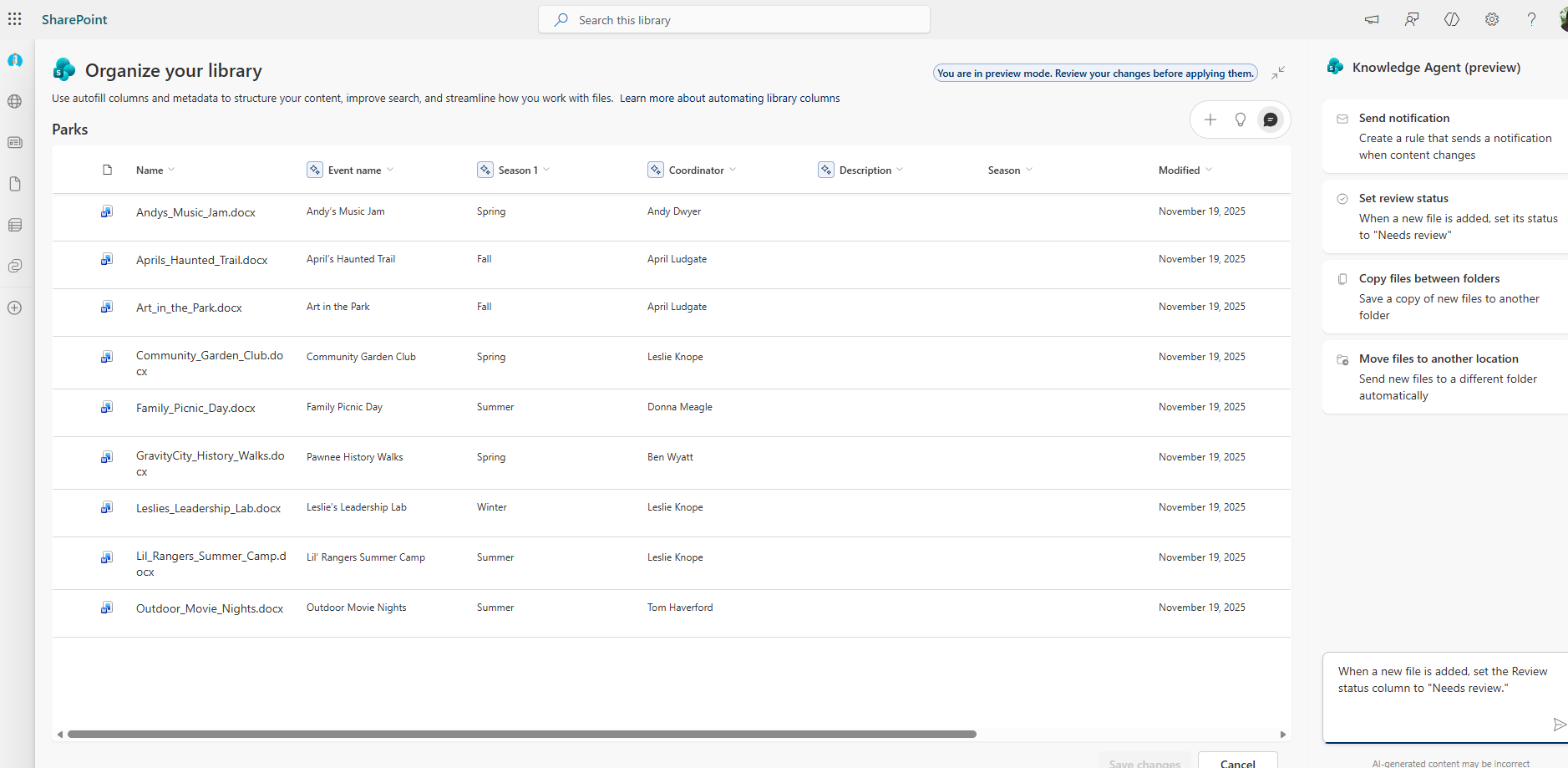 A screenshot of a SharePoint library showing that you can add rules using plain-language