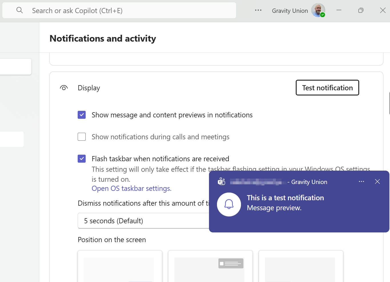 A screenshot of Teams' notification settings where previews are checked