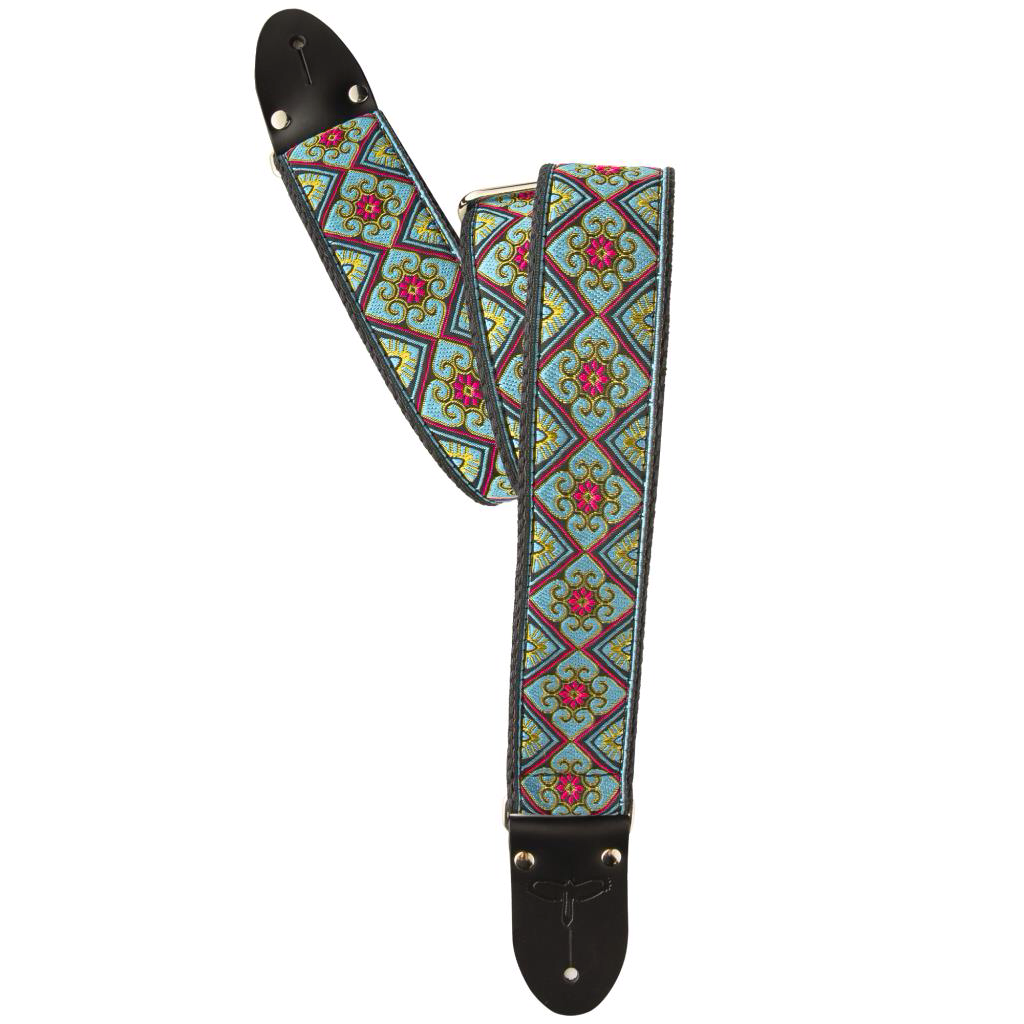  108055::031:  2” Retro Deluxe Jacquard Strap Teal/Gold 