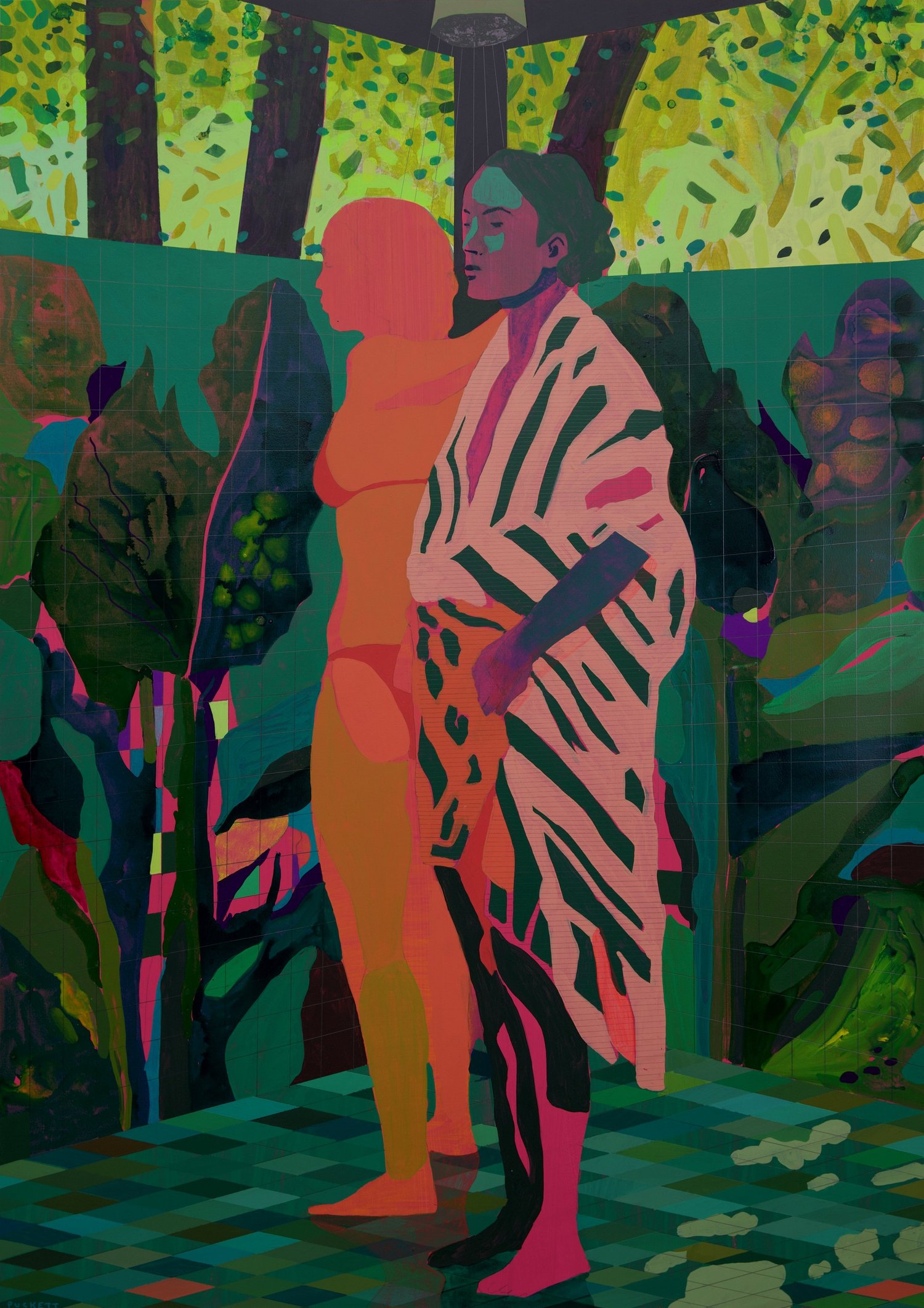 High Windows, by Patrick Puckett. Two standing figures in patterned clothing among trees and foliage.