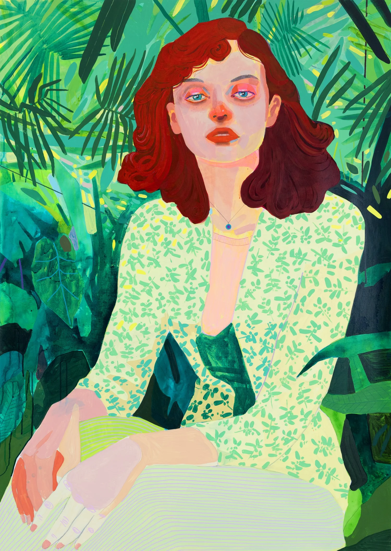 Meridian, by Patrick Puckett. A seated figure wearing a pale green patterned jacket surrounded by plants.