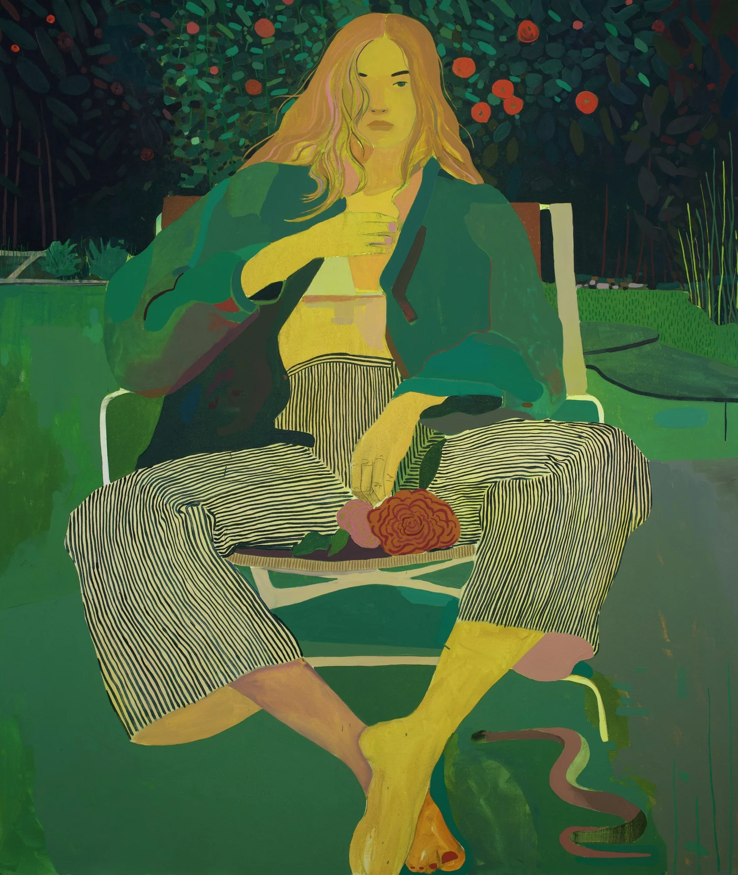 Garden, by Patrick Puckett. A seated figure in a striped skirt holding yellow fruit in a garden.