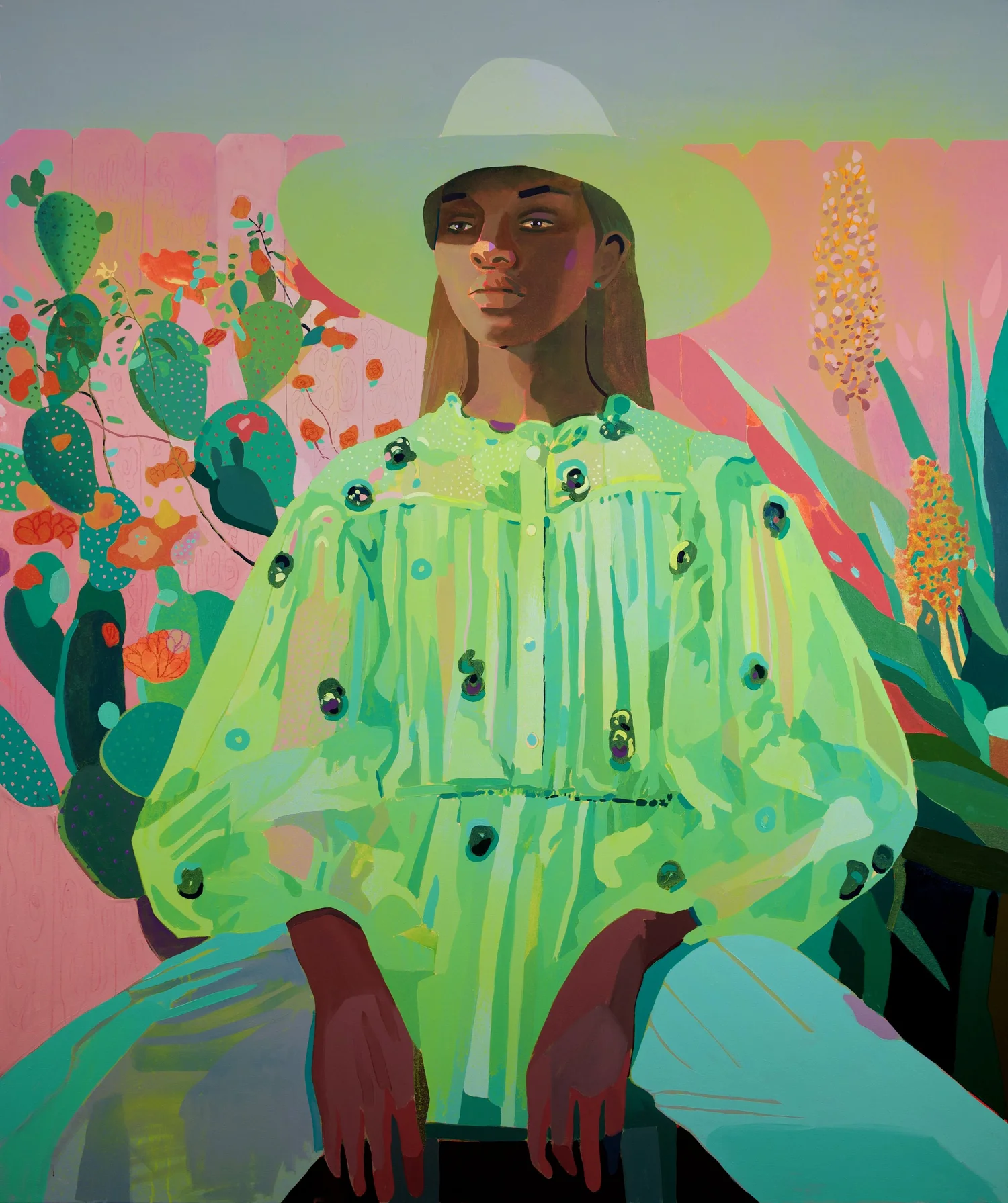Pink Fence, by Patrick Puckett. A seated figure wearing a pale cowboy hat and a green patterned shirt.