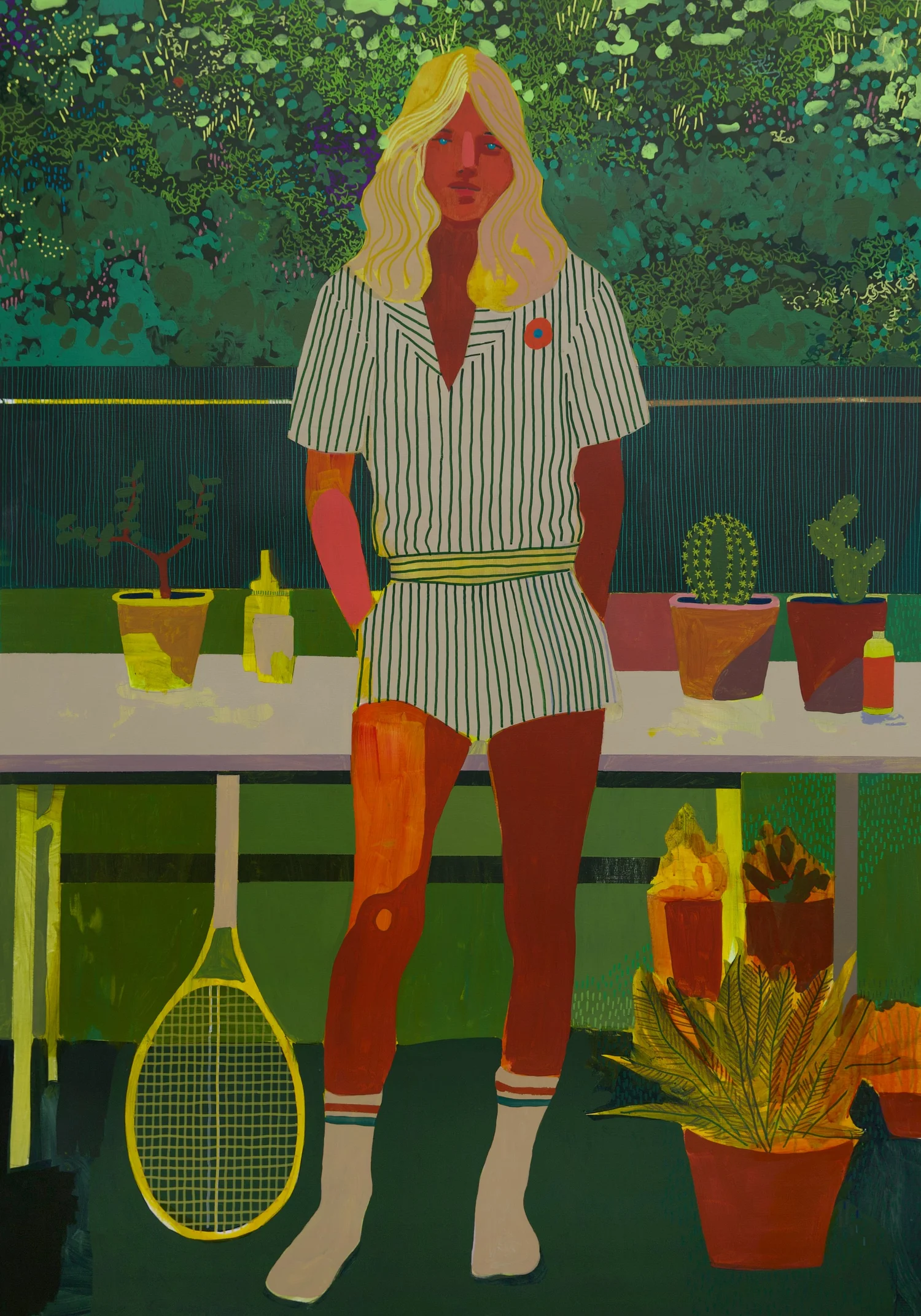 The Wife of Buck Rogers, by Patrick Puckett. A standing figure in striped clothing holding a paddle beside potted plants.
