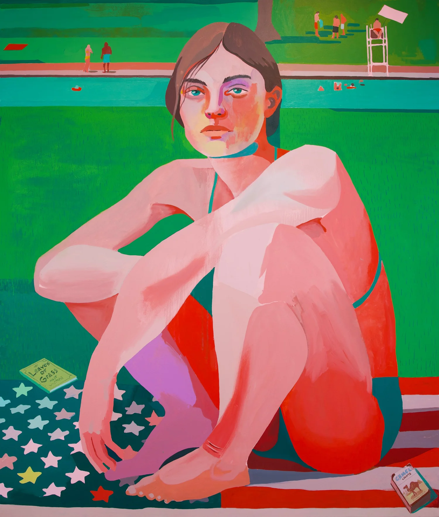 June, by Patrick Puckett. A seated figure resting folded arms on raised knees beside the water.