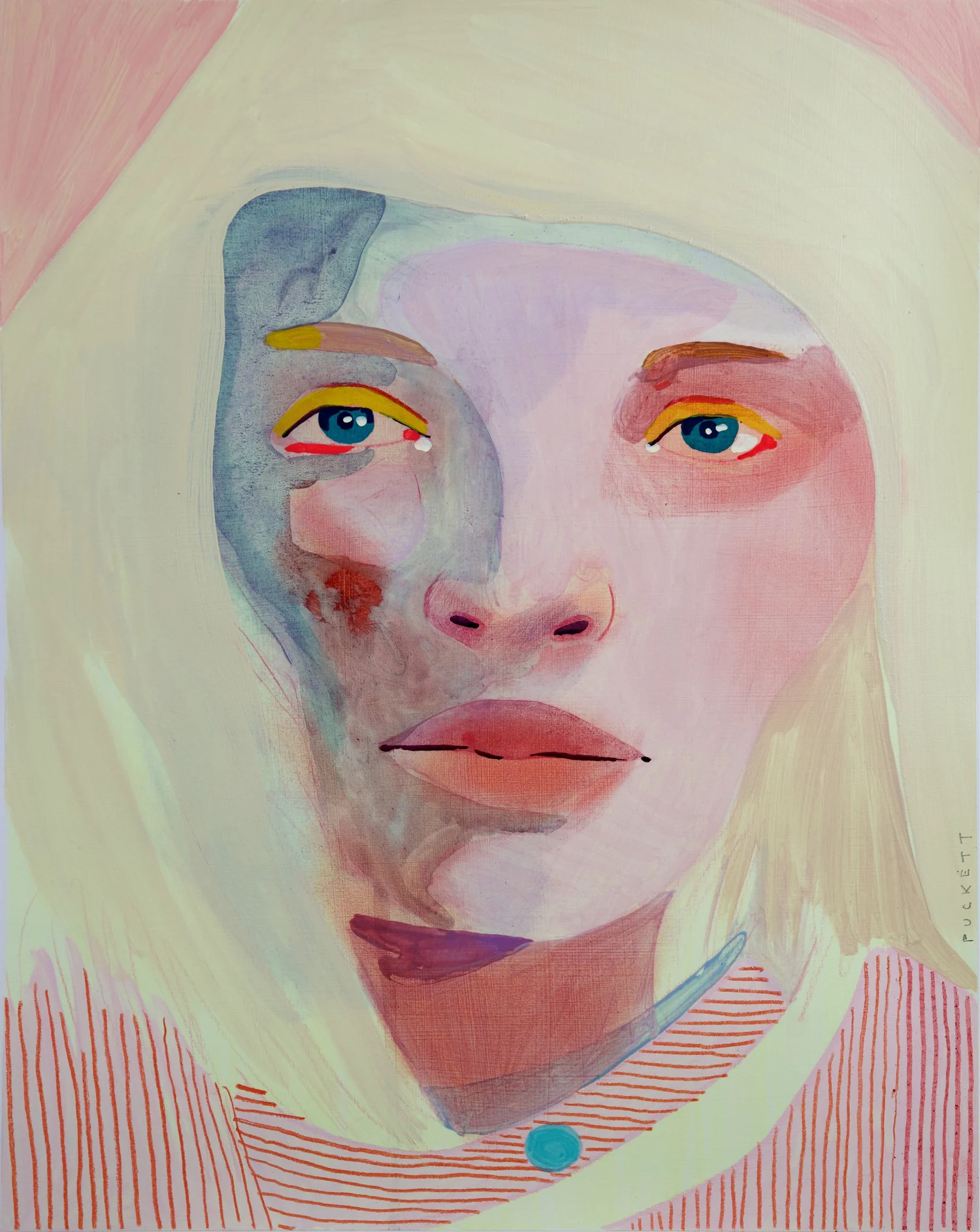 Winter, by Patrick Puckett. A pale-haired portrait with a turquoise necklace against a light background.