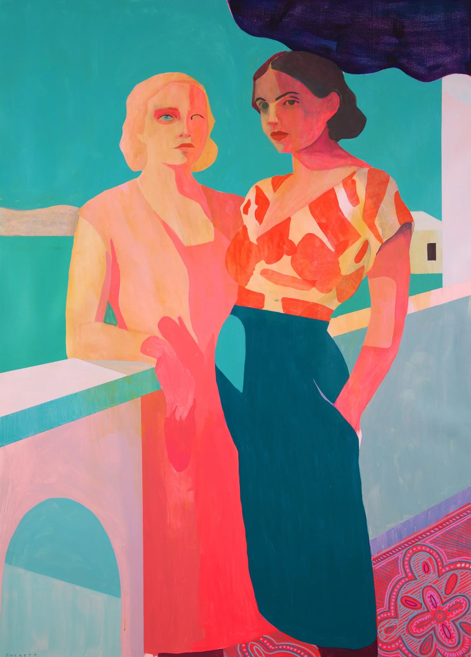Two Women, by Patrick Puckett. Two standing figures together in a brightly colored interior.