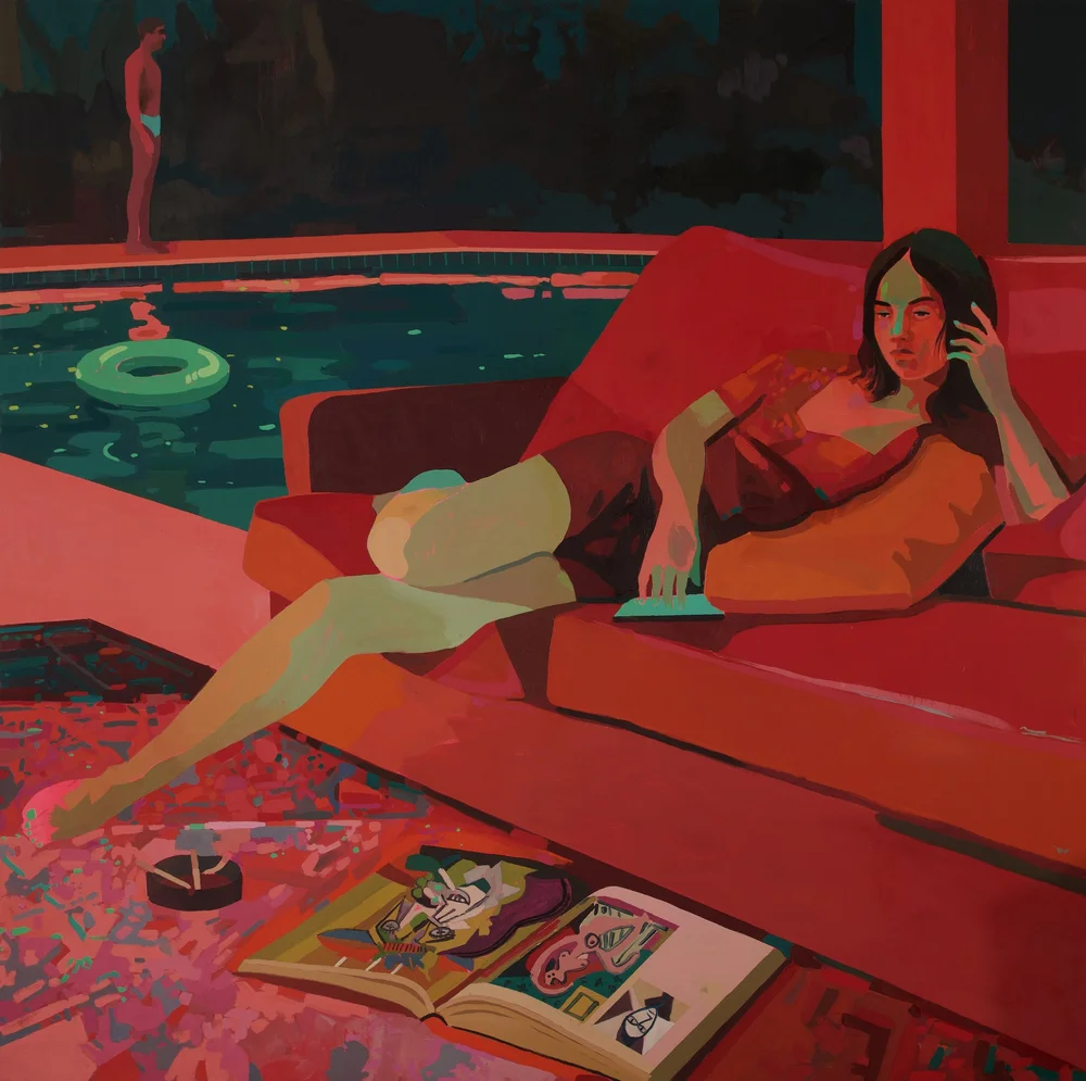 Red Sofa, 2026, by Patrick Puckett. A reclining figure on a red sofa beside a pool.