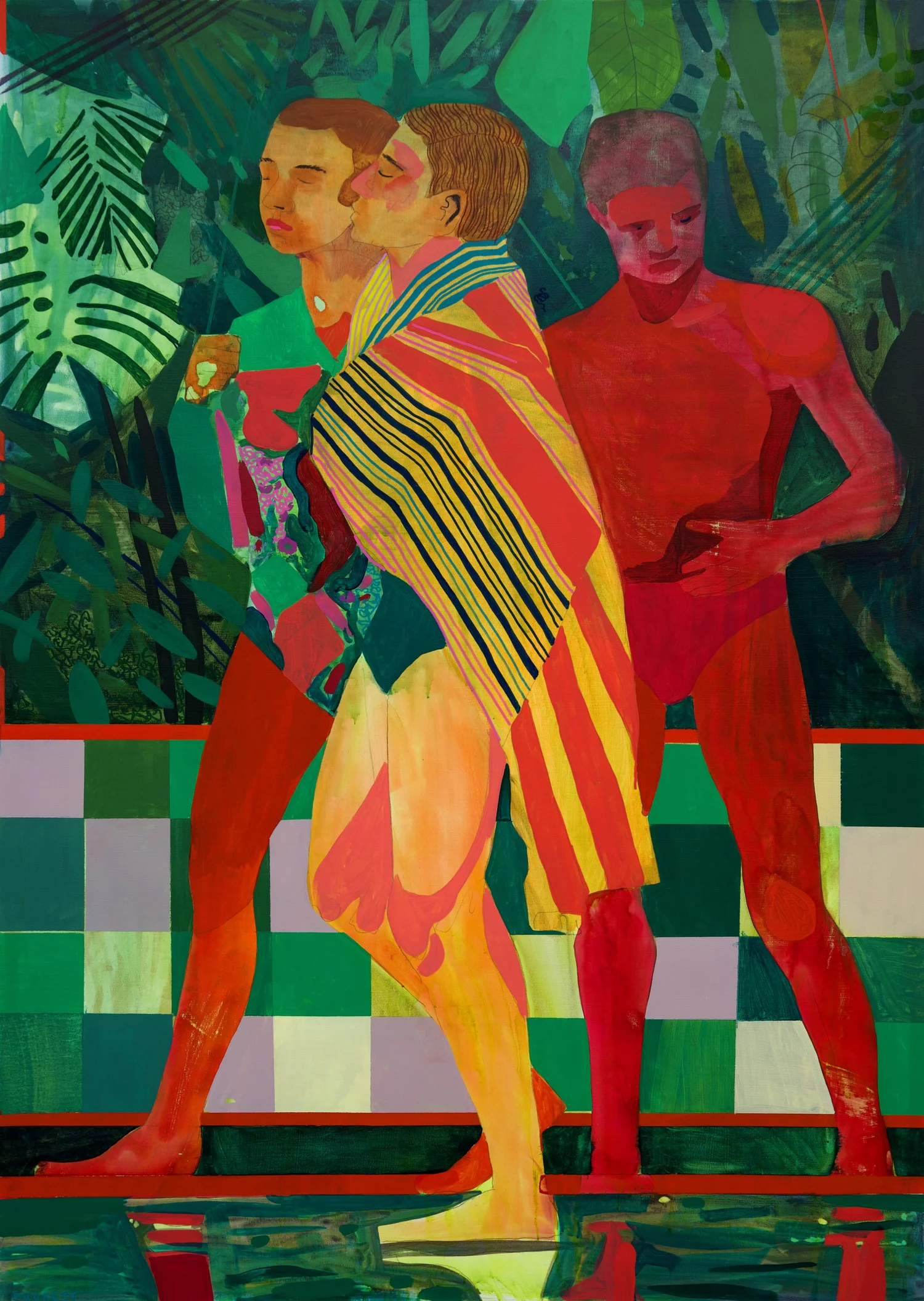 The Fate Triad, by Patrick Puckett. Three figures surrounded by tropical plants and patterned color.