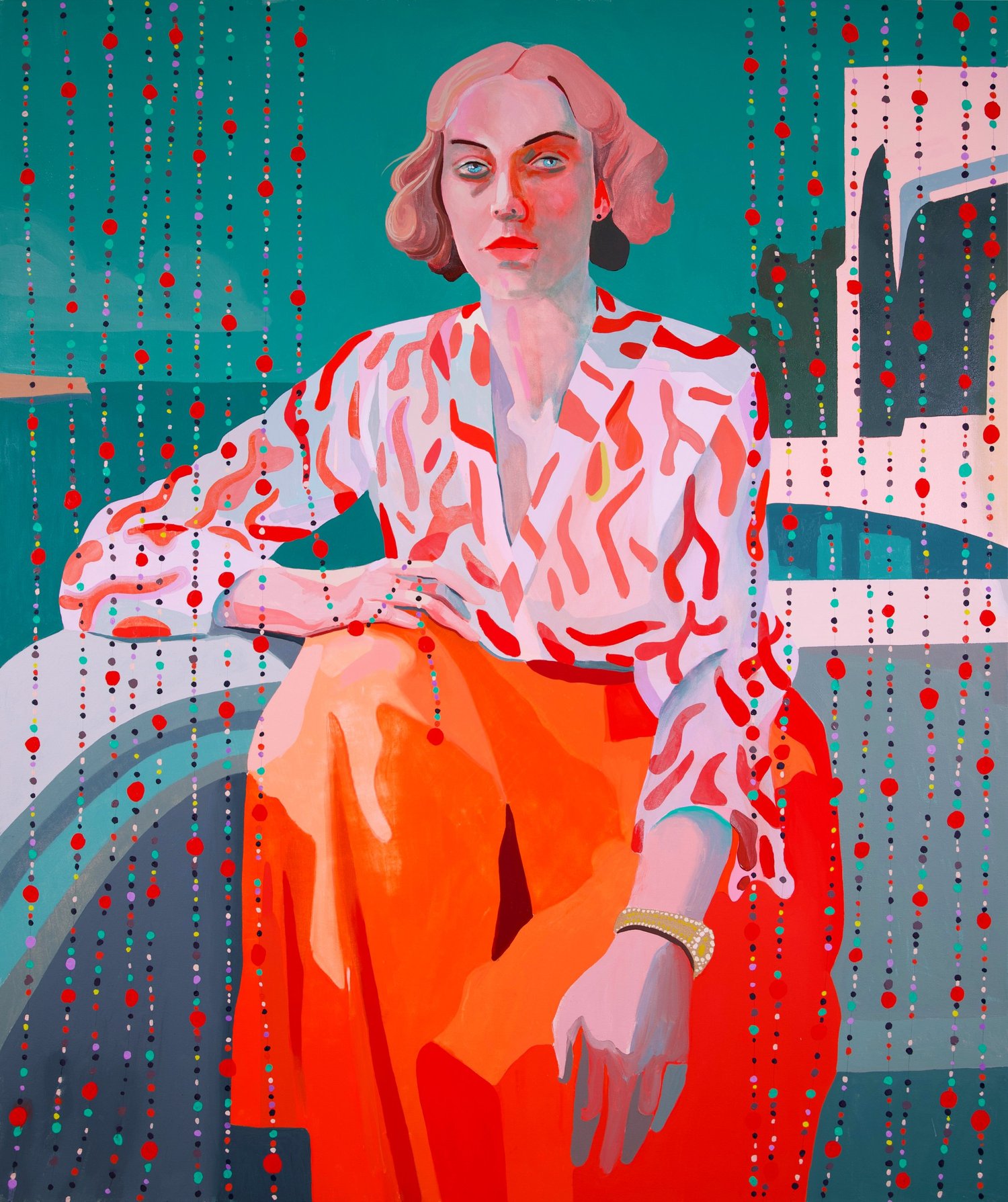 Imaginary Vacation, by Patrick Puckett. A seated figure in orange trousers and a red-and-white patterned blouse.