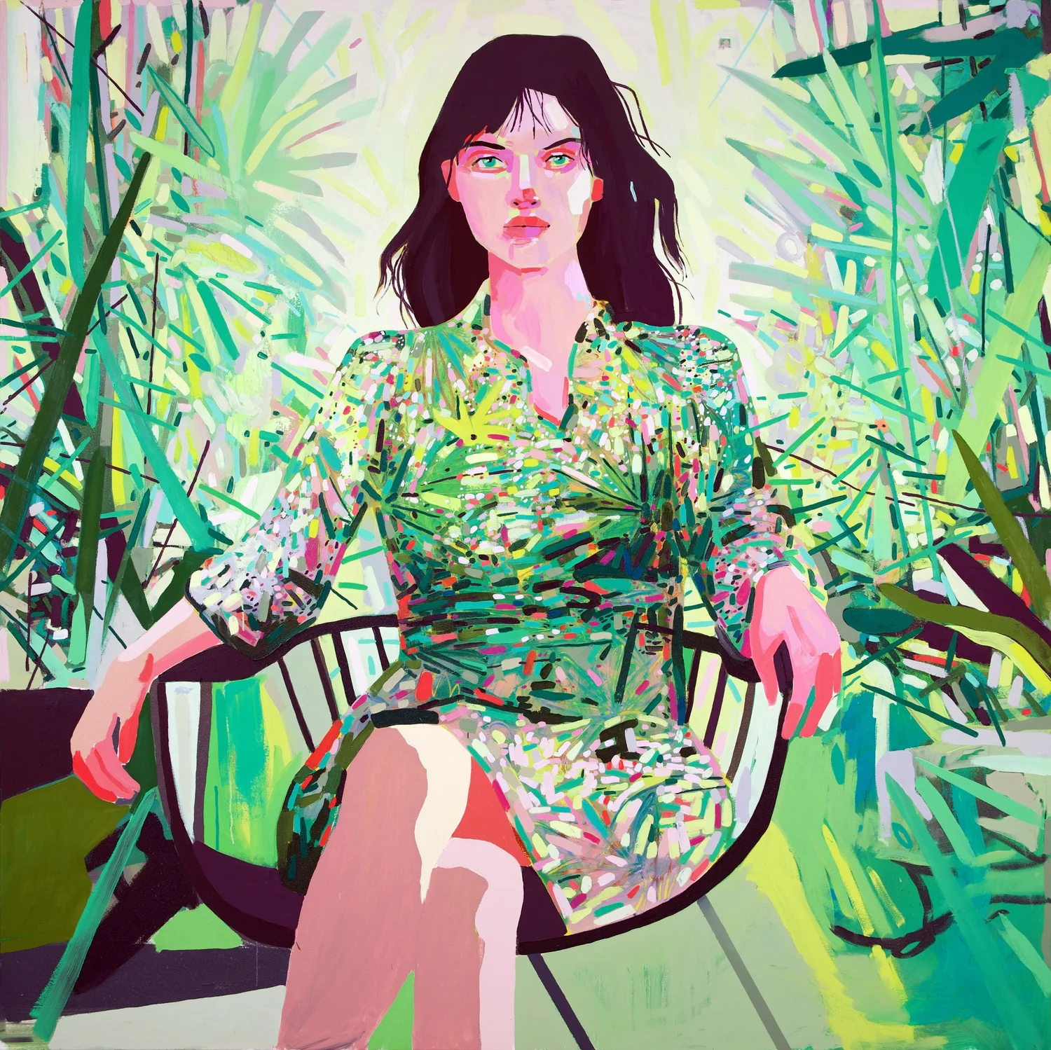 Gardenista, by Patrick Puckett. A seated figure in a green patterned dress among tall plants.