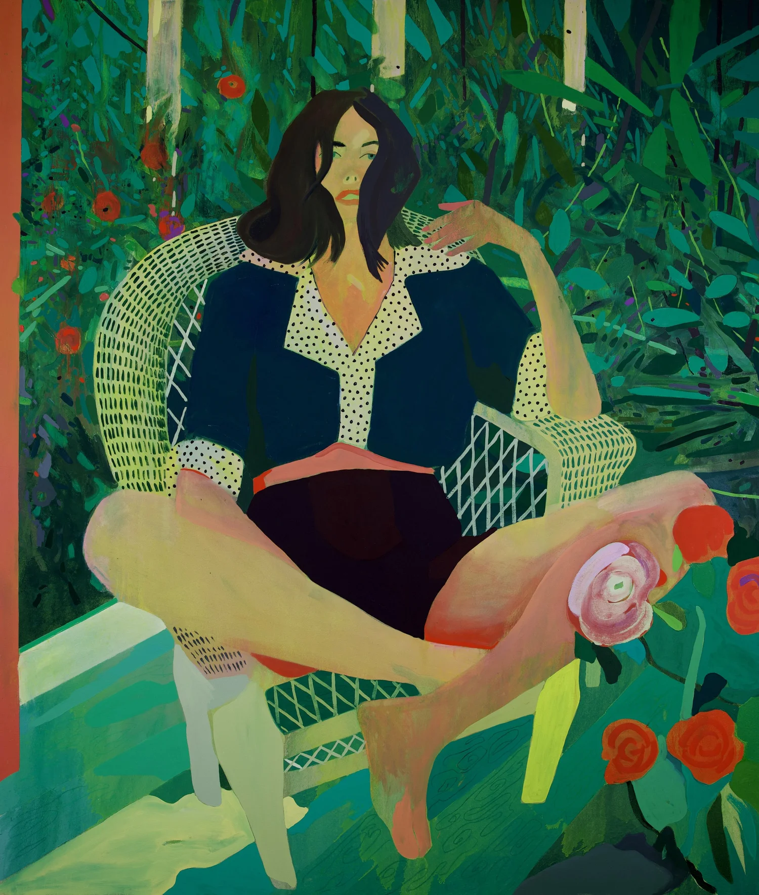 Oranges in Winter, by Patrick Puckett. A seated figure in a wicker chair surrounded by dense foliage and flowers.