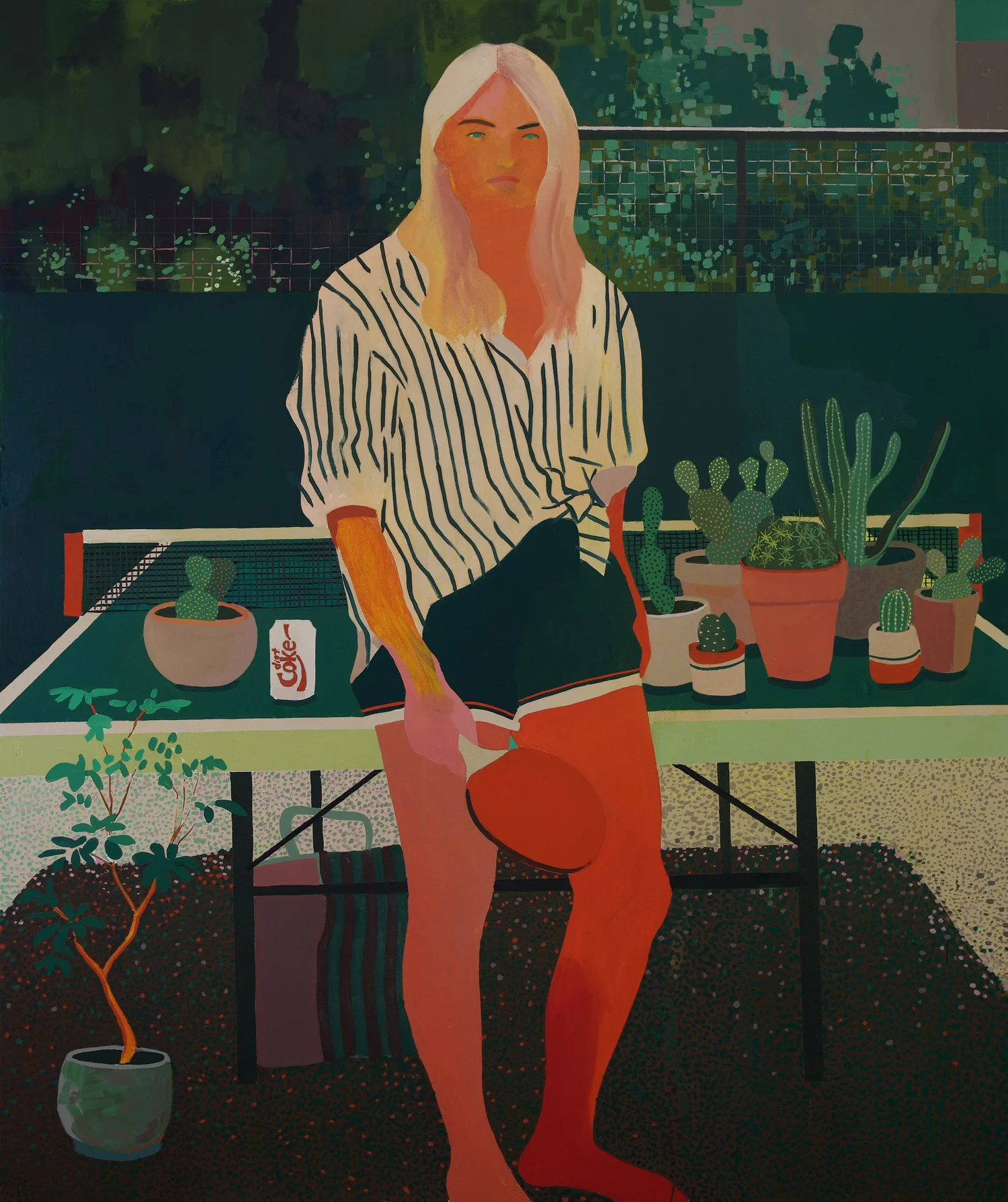 Interplanetary Ping Pong Tournament & Plant Sale, by Patrick Puckett. A standing figure holding a paddle beside a ping-pong table and potted plants.