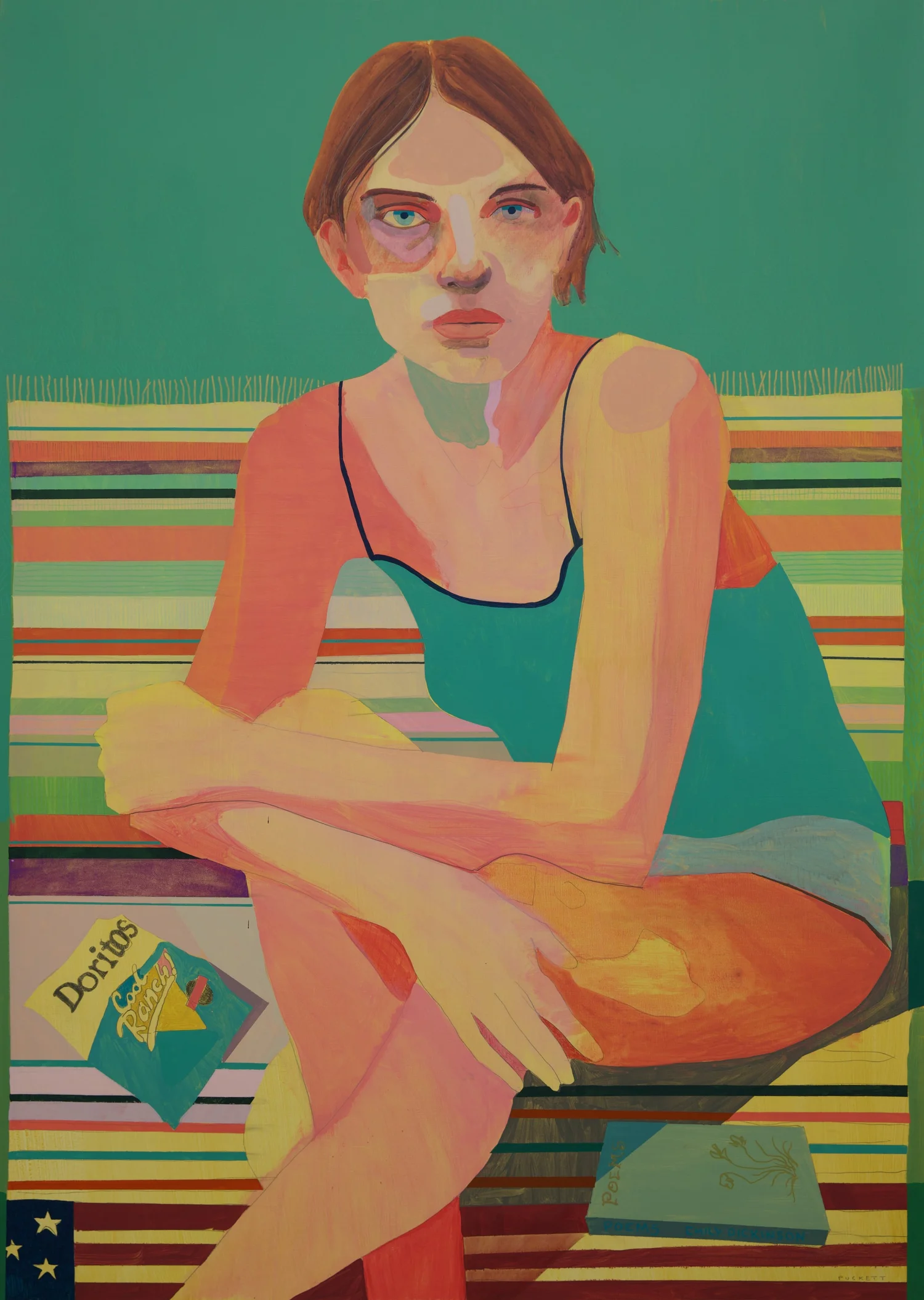 Cool Ranch, by Patrick Puckett. A seated figure on a striped bench beside a book.