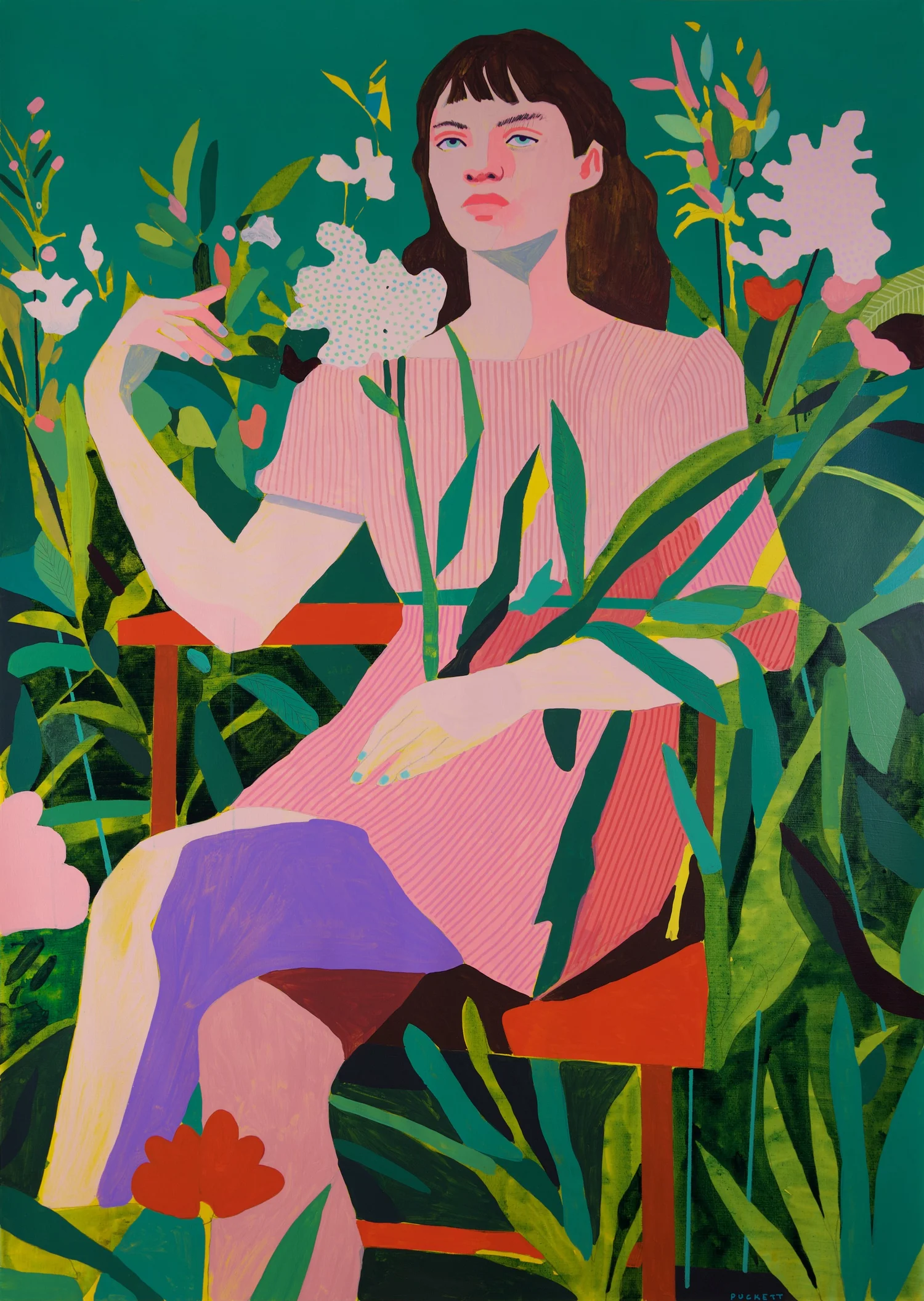 Cathedral Flowers, by Patrick Puckett. A seated figure in purple trousers framed by flowers and foliage.