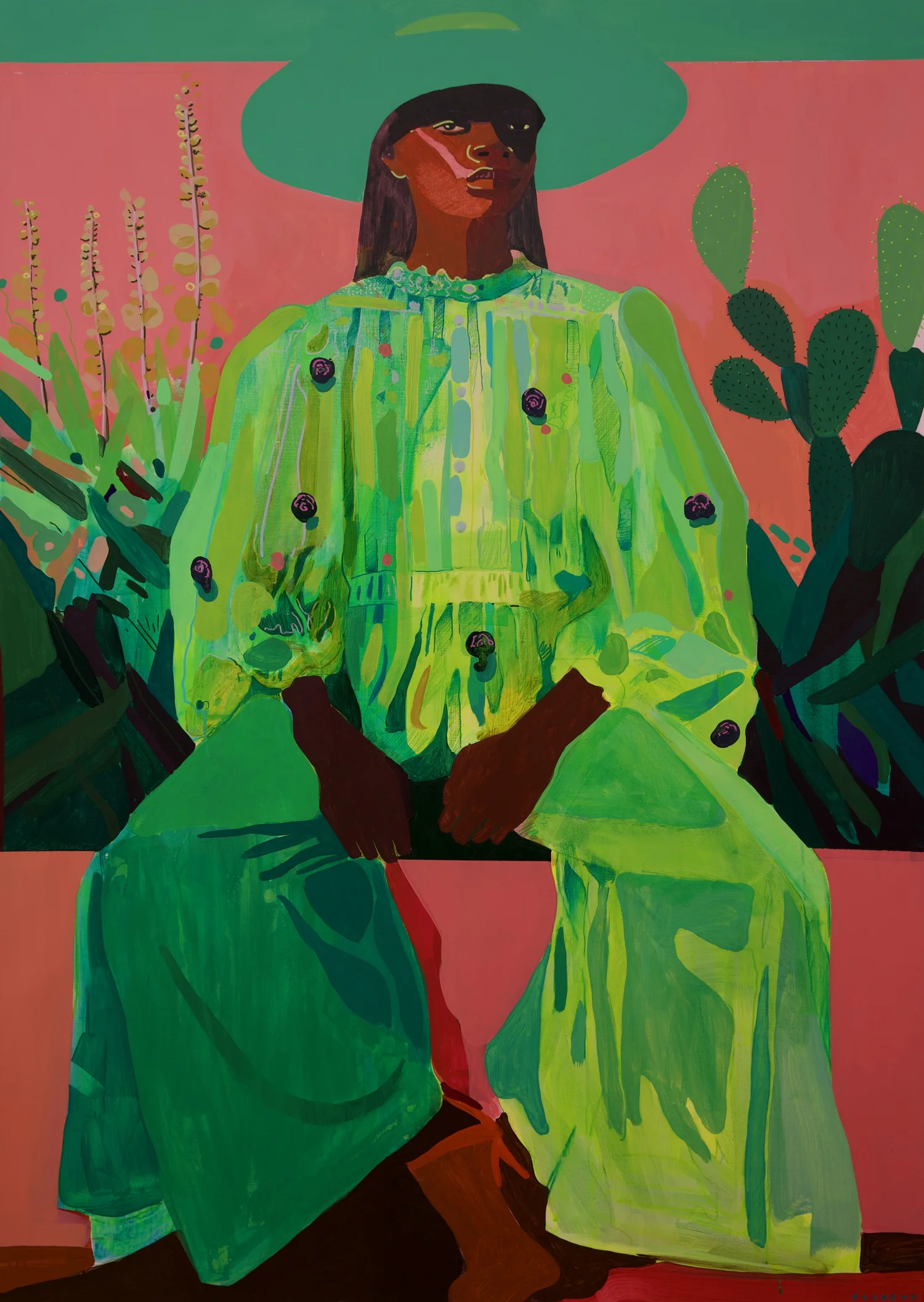 Sundown, by Patrick Puckett. A seated figure in a cowboy hat and green clothing surrounded by plants.