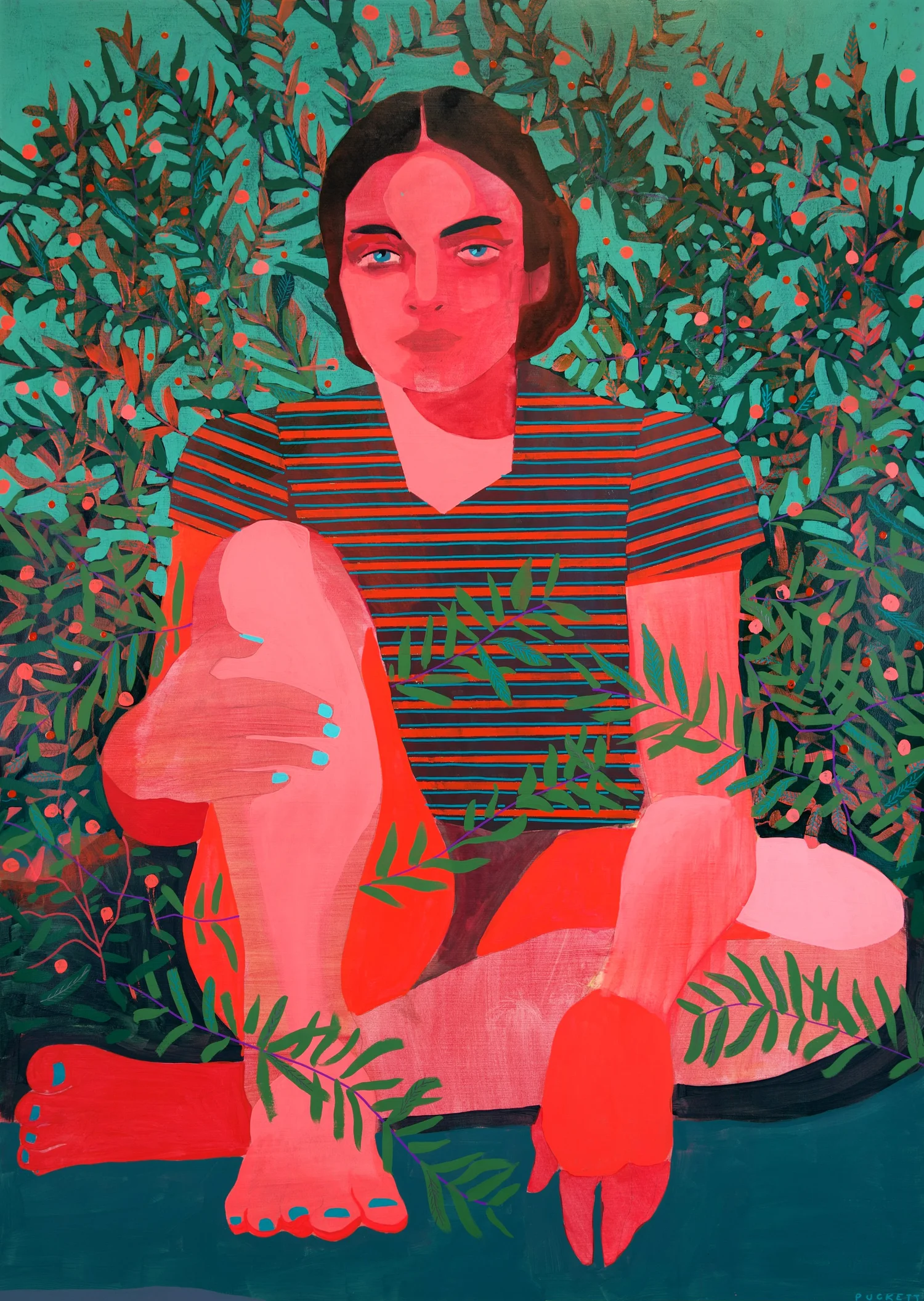 Michaelmas Feast Study, by Patrick Puckett. A seated figure in a striped shirt against dense green foliage.
