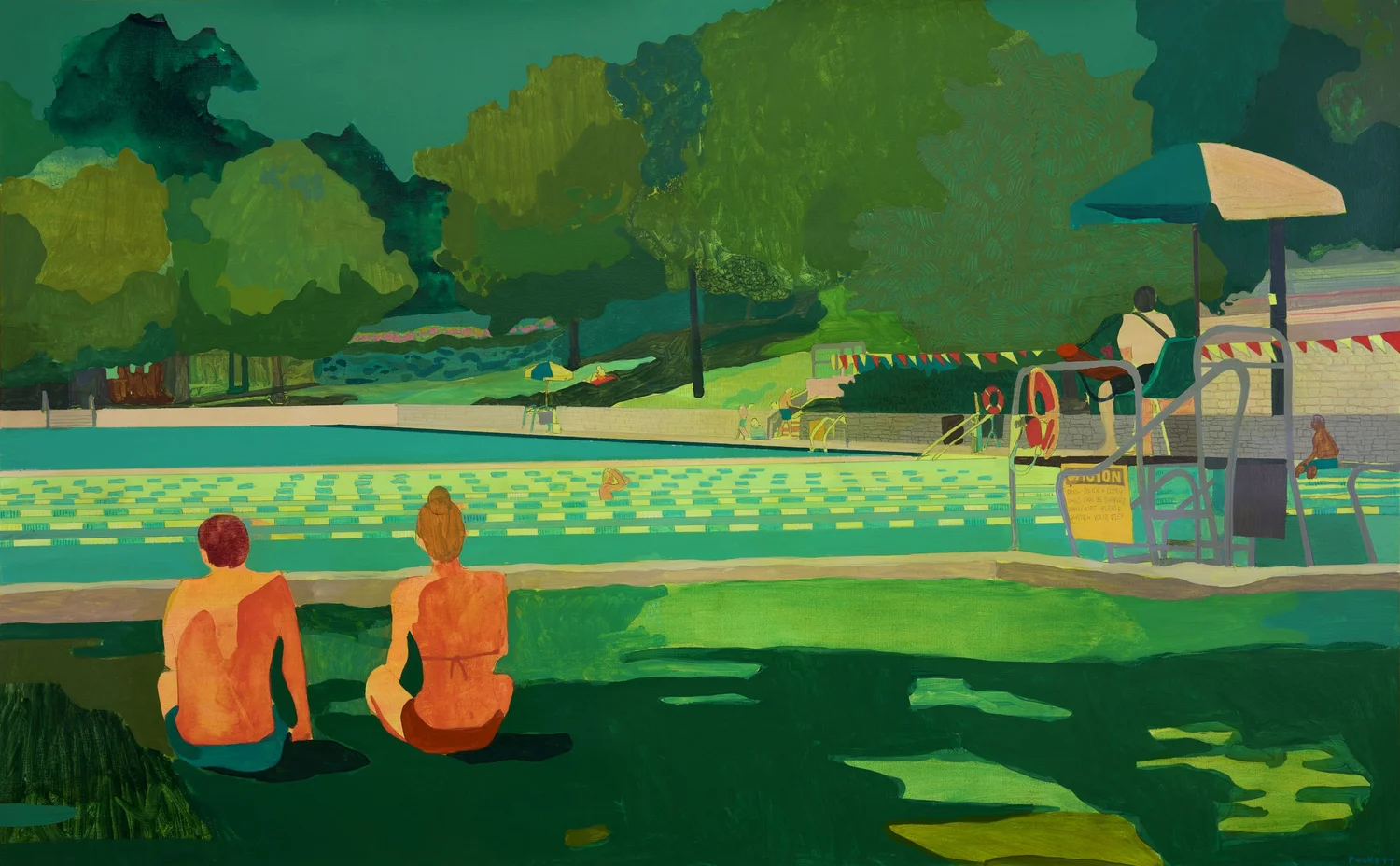 Deep Eddy, by Patrick Puckett. Two figures seated in the shade beside a swimming pool.