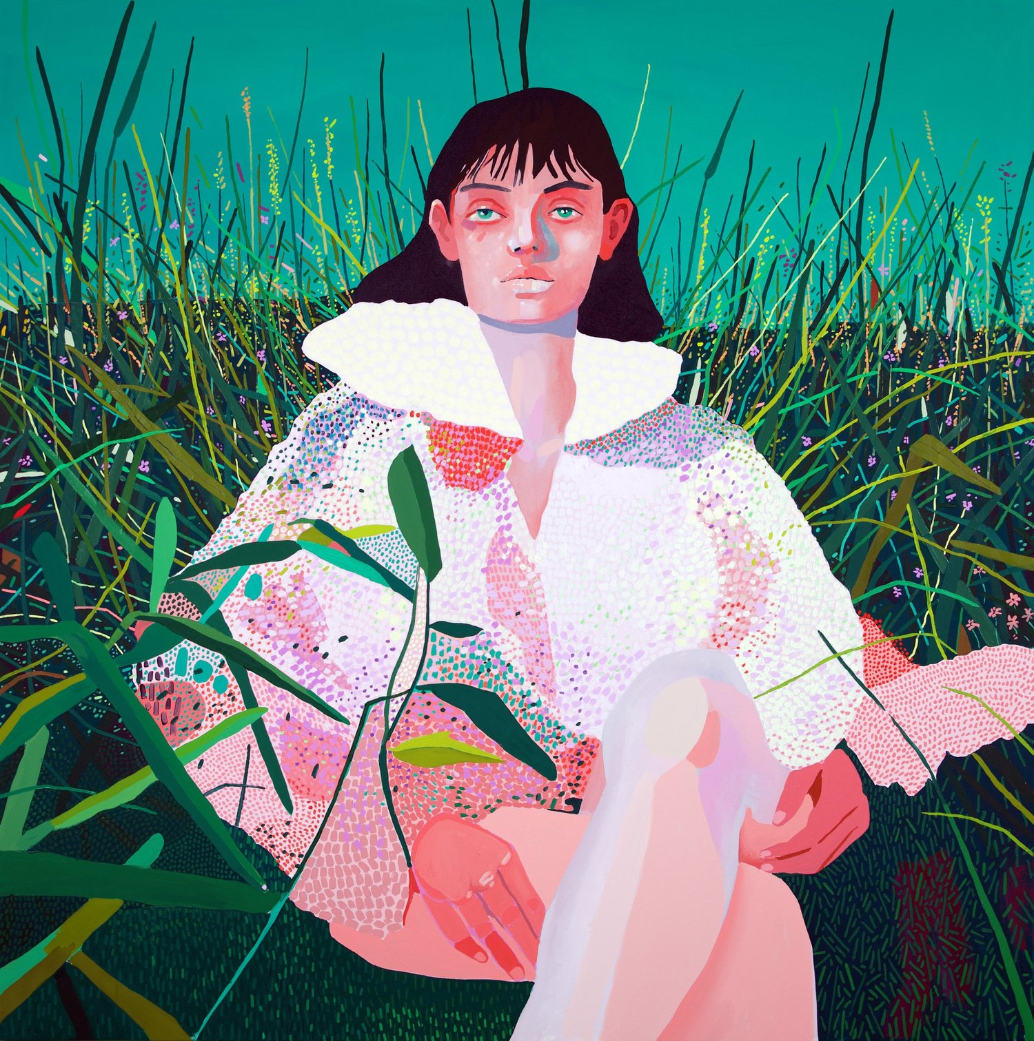 Lion of Enchantment, by Patrick Puckett. A seated figure with a large white collar surrounded by reeds and leaves.