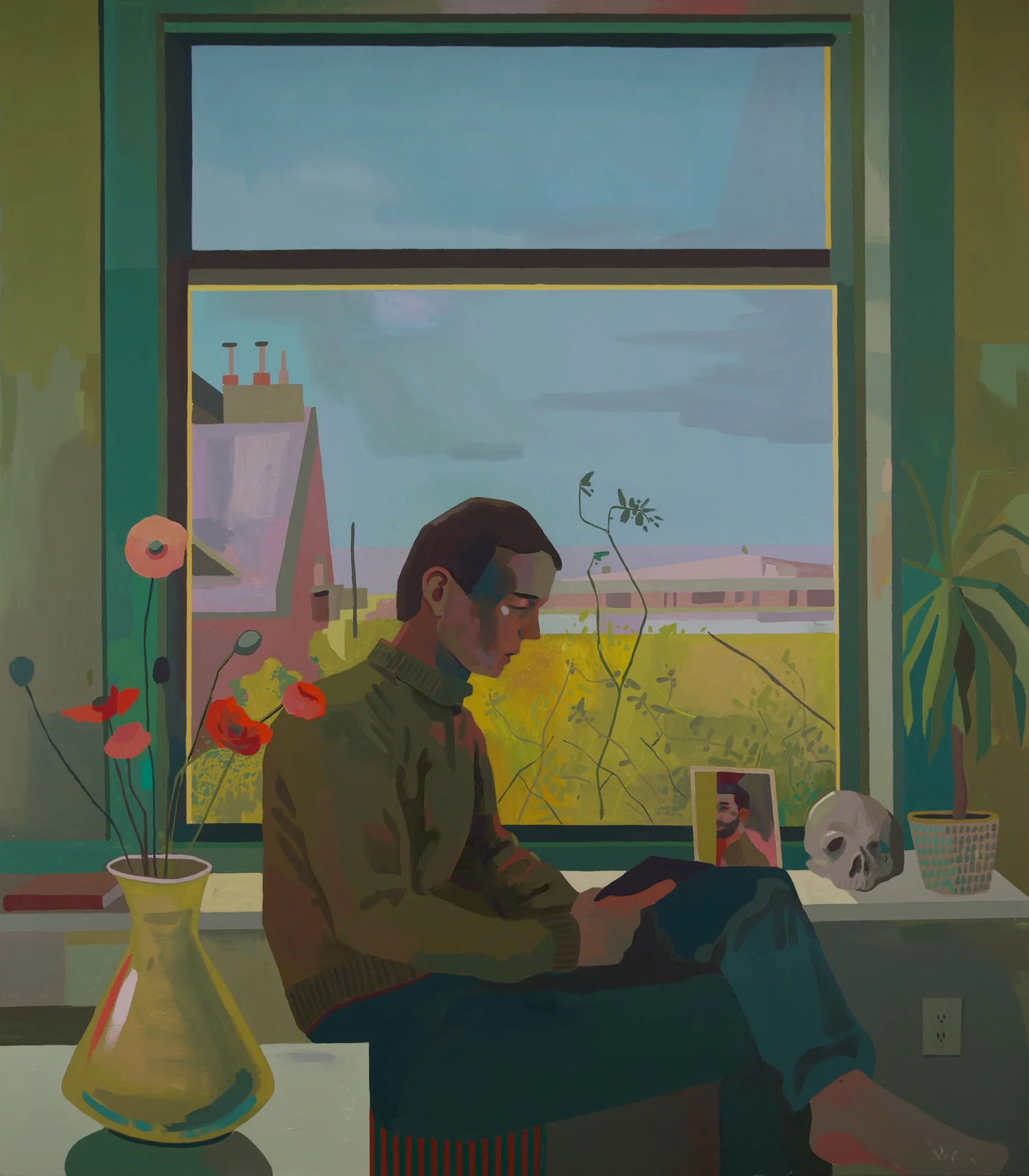 I, Claude, by Patrick Puckett. A seated figure reading beside a window, with flowers in the foreground.