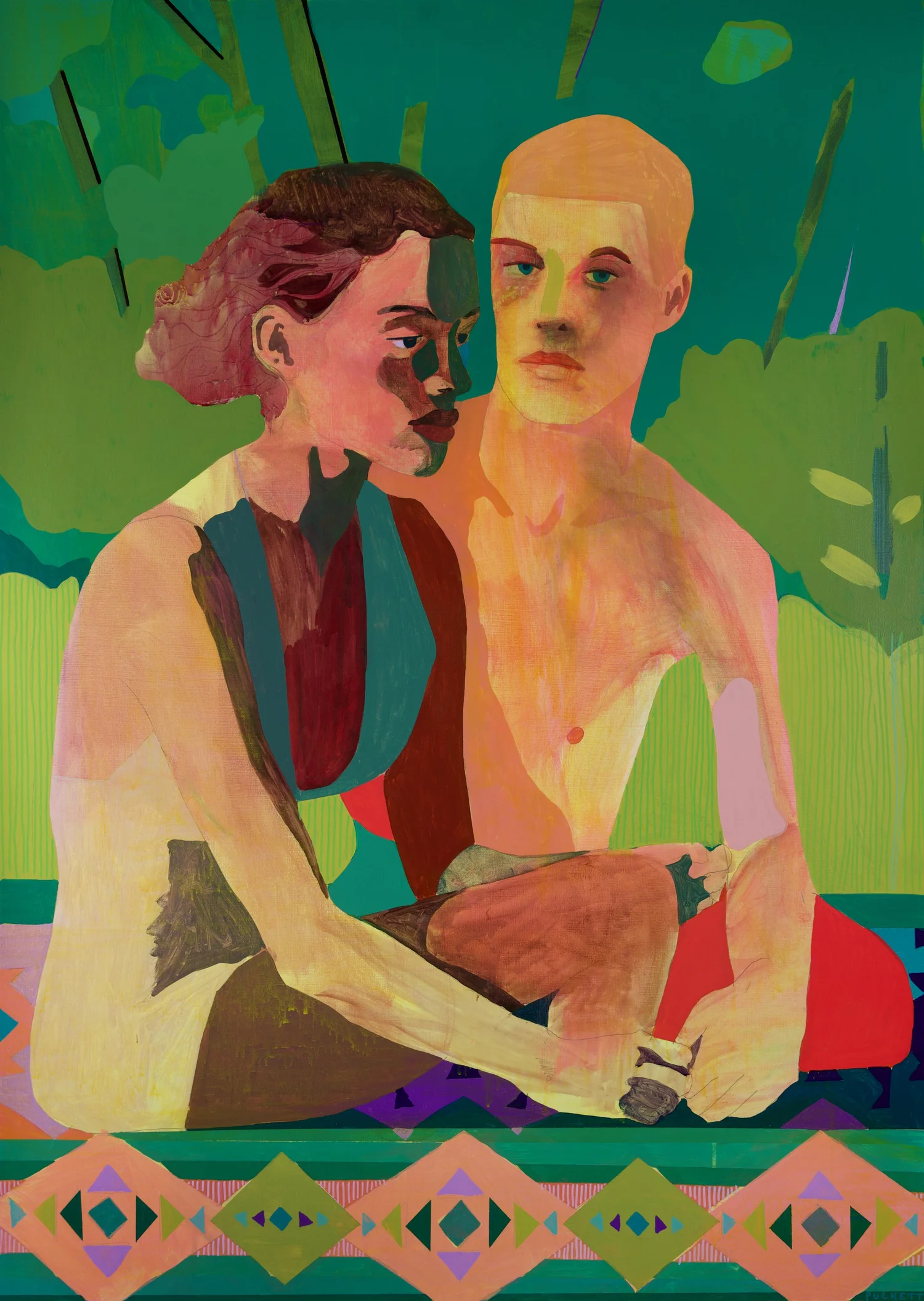 Volcano, by Patrick Puckett. Two seated figures leaning toward each other beside a patterned tabletop.