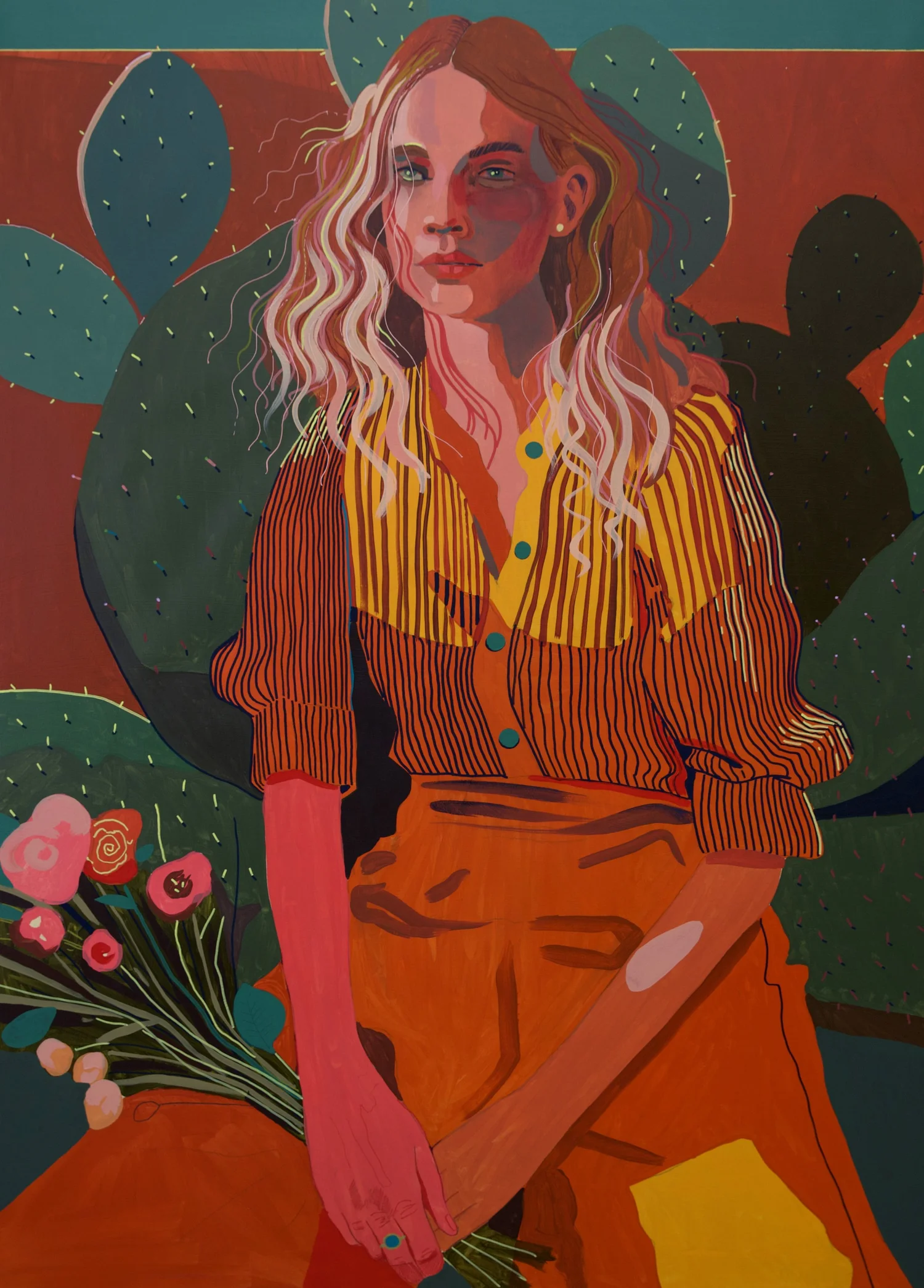 Yellow, by Patrick Puckett. A seated figure with long wavy hair wearing yellow and orange beside cacti.