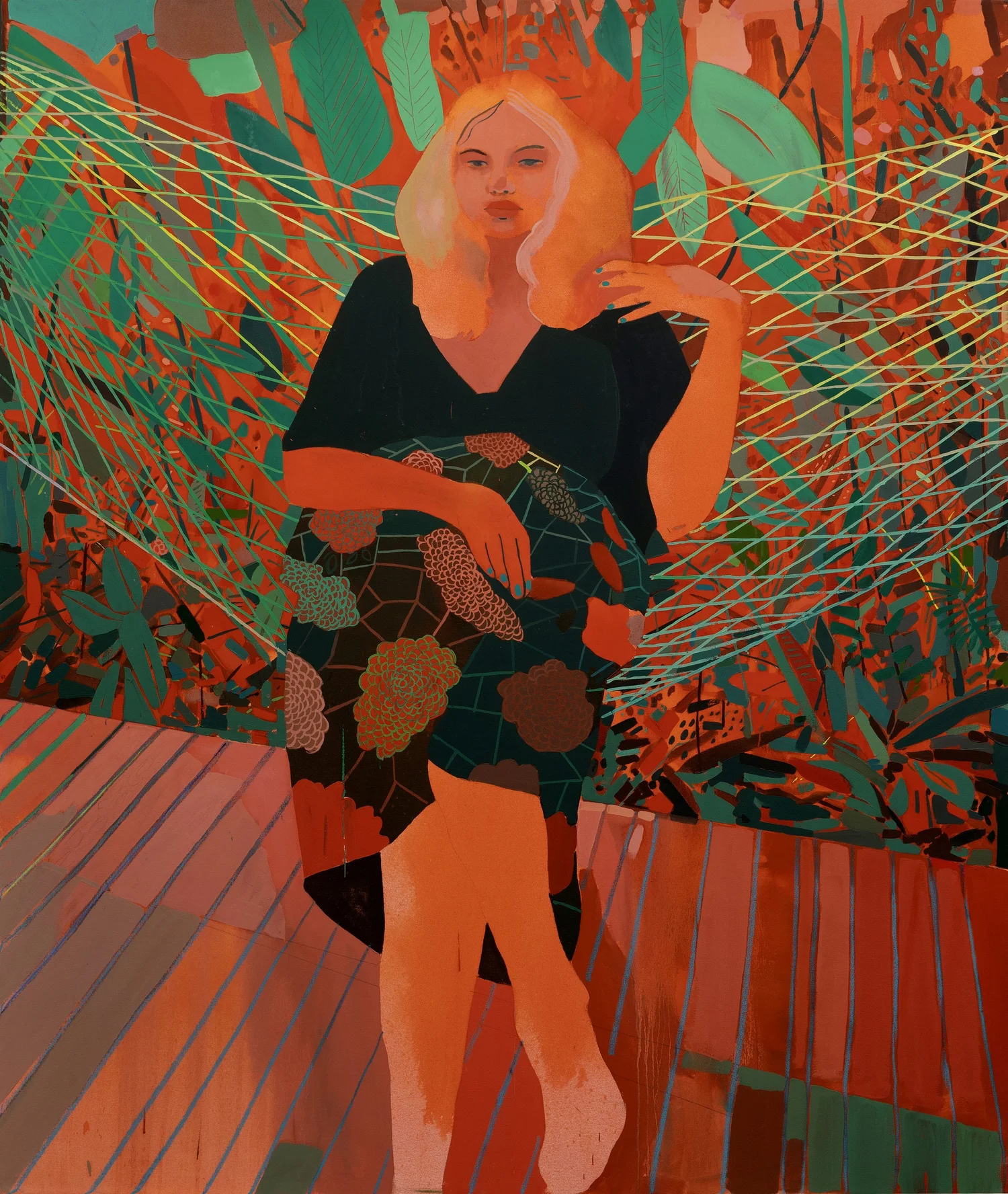 Hammock, by Patrick Puckett. A seated figure in a hammock surrounded by bright red and green foliage.