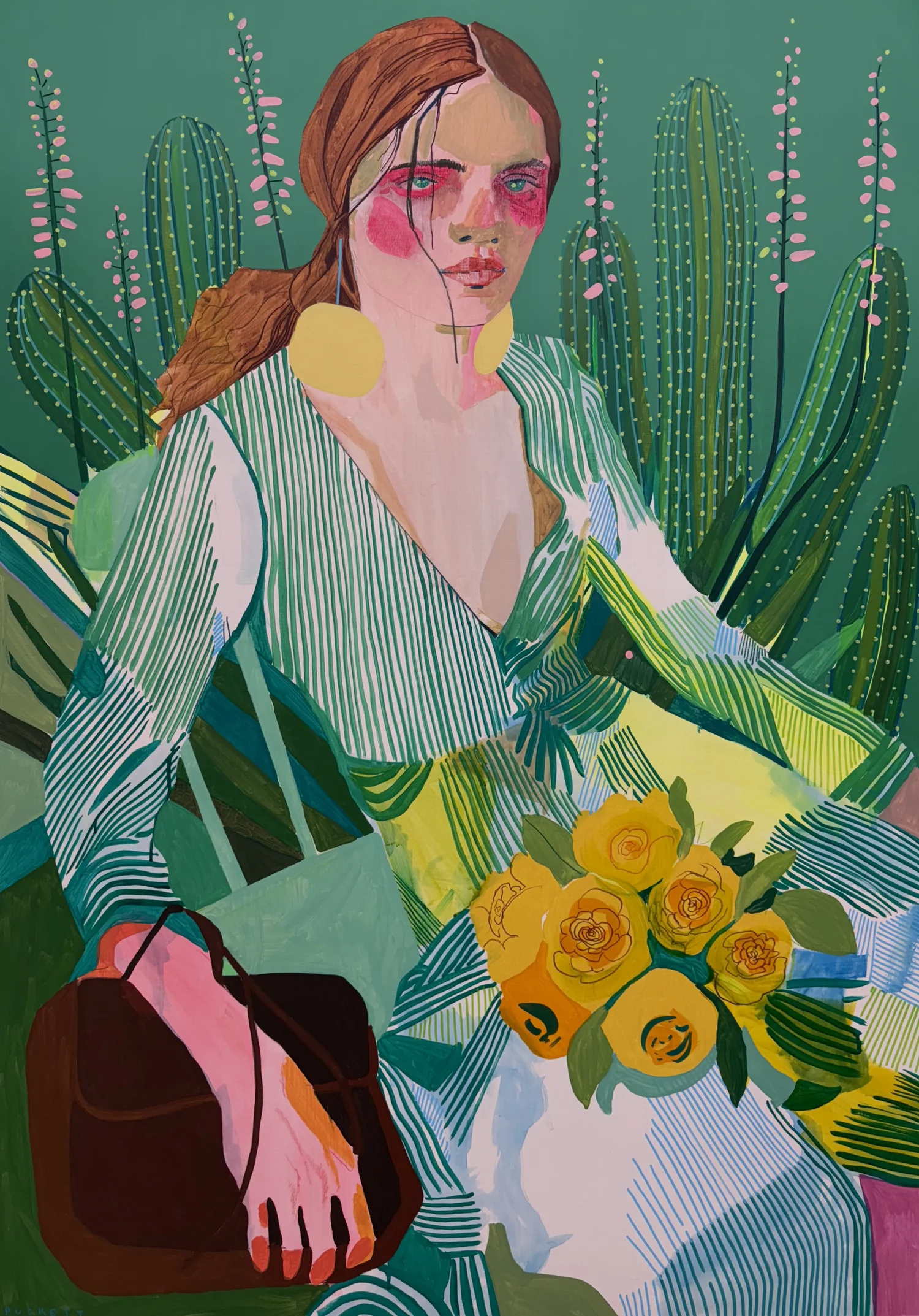 Pokey, by Patrick Puckett. A seated figure wearing pink glasses and holding yellow flowers.