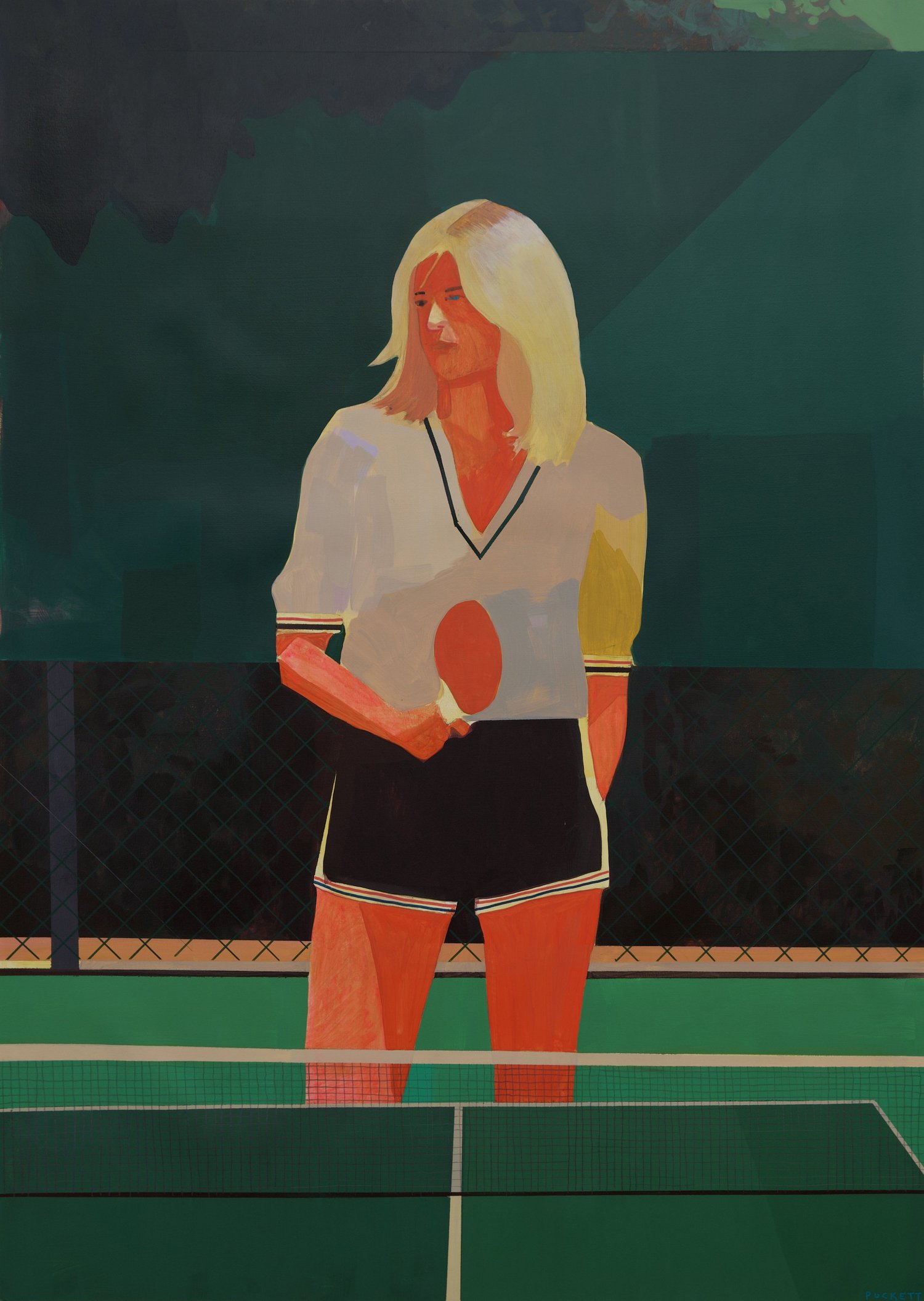 Ping Pong Study Large, by Patrick Puckett. A standing figure holding a paddle at a ping-pong table.