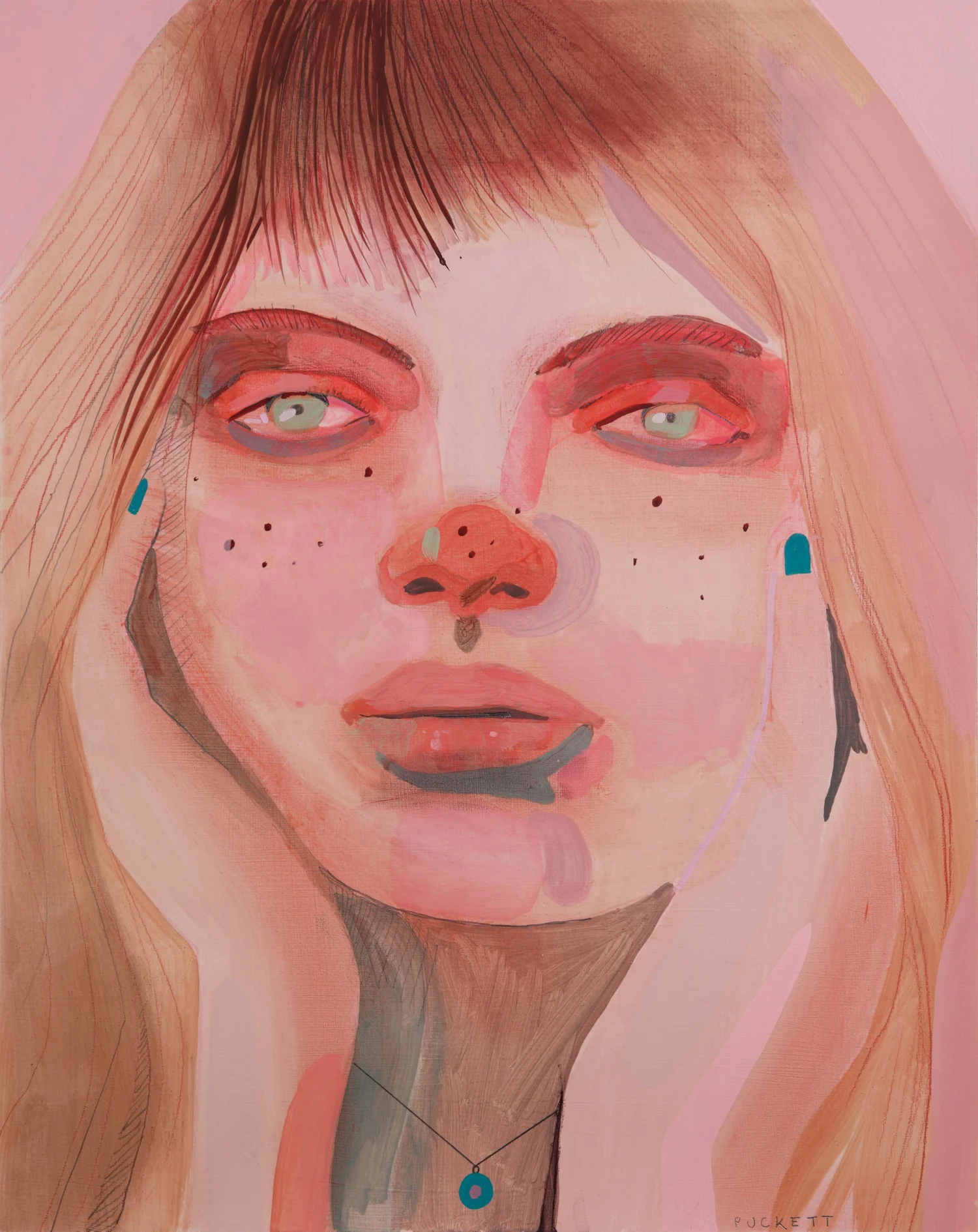 Spring, by Patrick Puckett. A close-up portrait with bangs and a turquoise pendant.