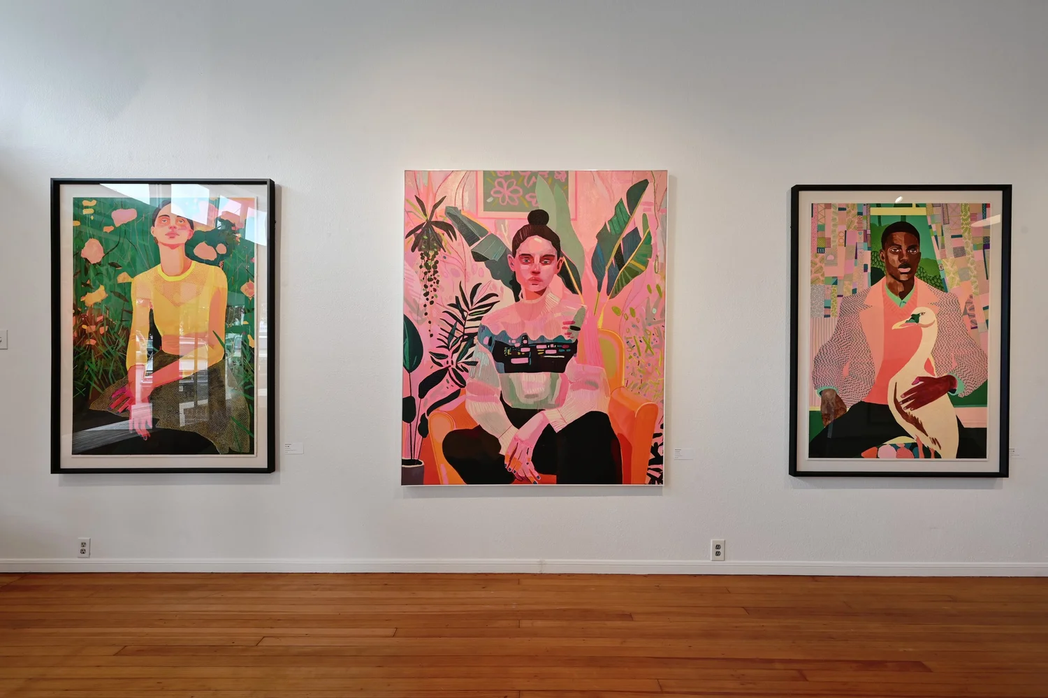 Installation view of three paintings by Patrick Puckett at Commerce Gallery, Lockhart, Texas, 2024.