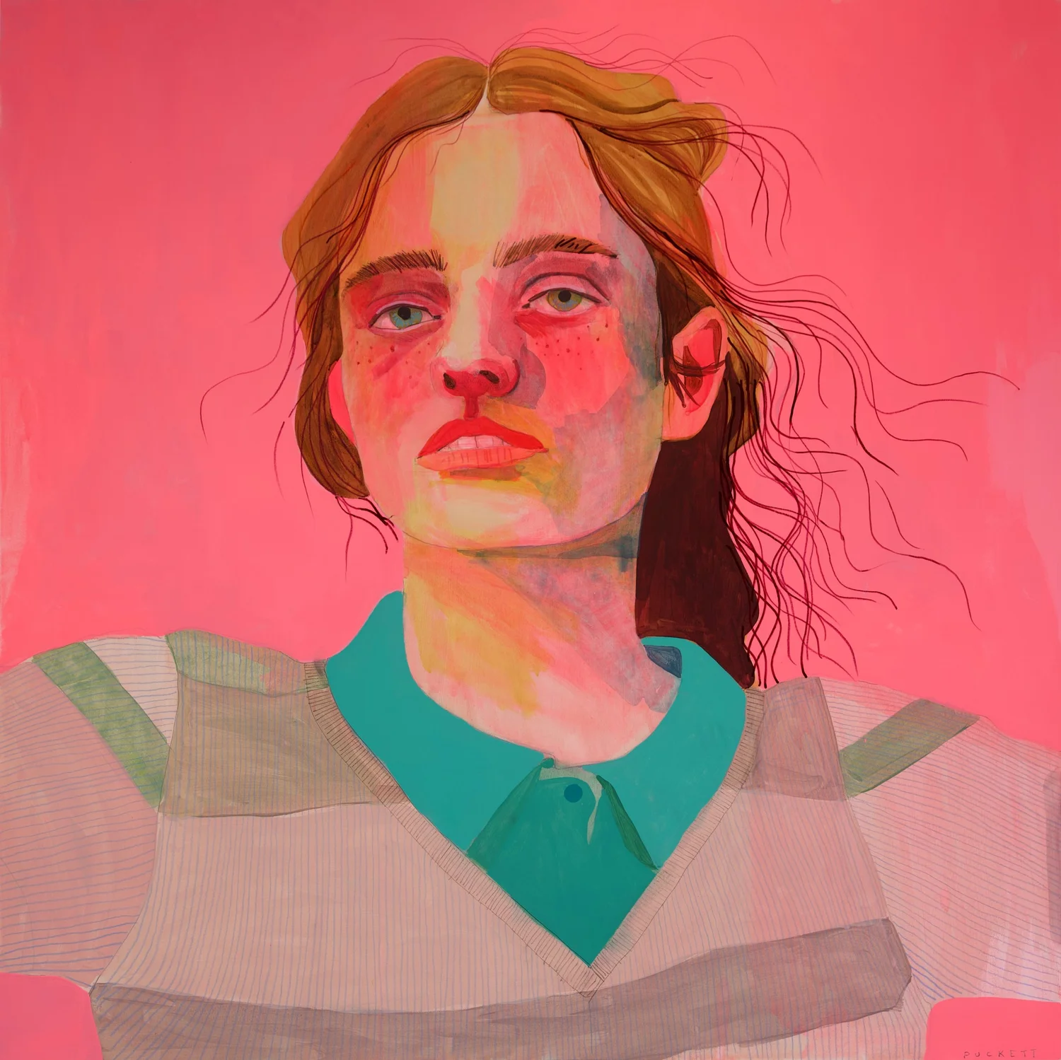 The Bright Lights, by Patrick Puckett. A close-up portrait with a green collar against a bright pink background.
