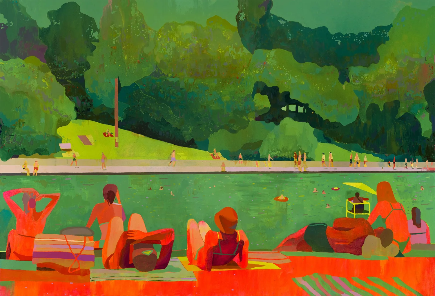 Barton Springs, by Patrick Puckett. Bathers resting beside a swimming pool beneath green trees.