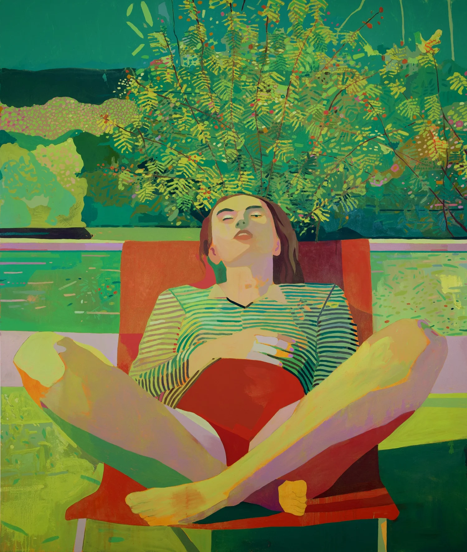 Slowdive, by Patrick Puckett. A reclining figure in a red chair beneath leafy trees.