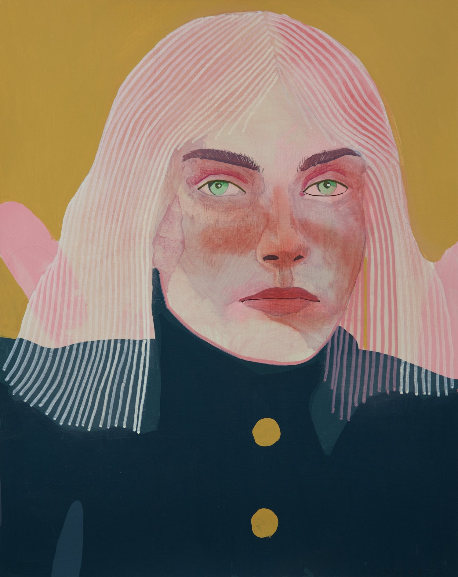 Fall, by Patrick Puckett. A portrait with pale hair and a dark shirt against an ochre background.