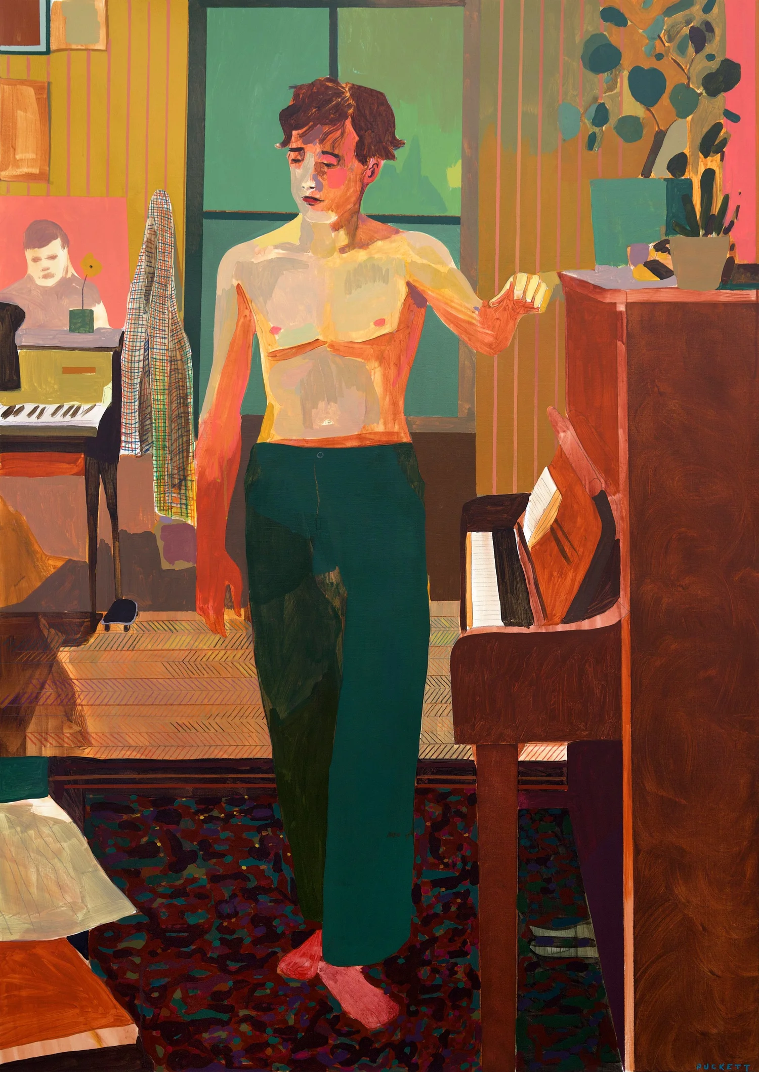 The Maestro, by Patrick Puckett. A standing figure beside a piano in a colorful interior.