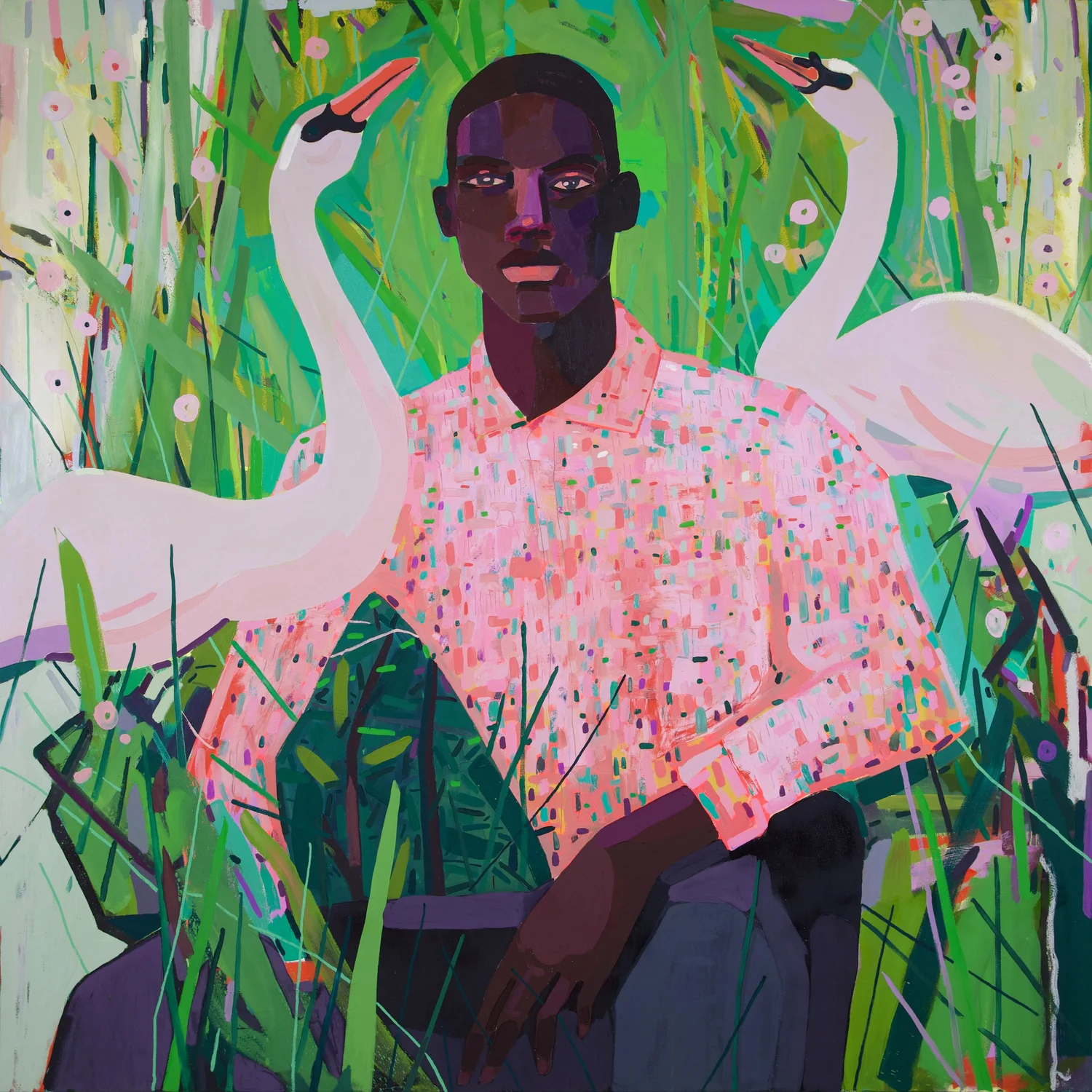 Hyperborea, by Patrick Puckett. A seated figure in a pale patterned shirt surrounded by plants.