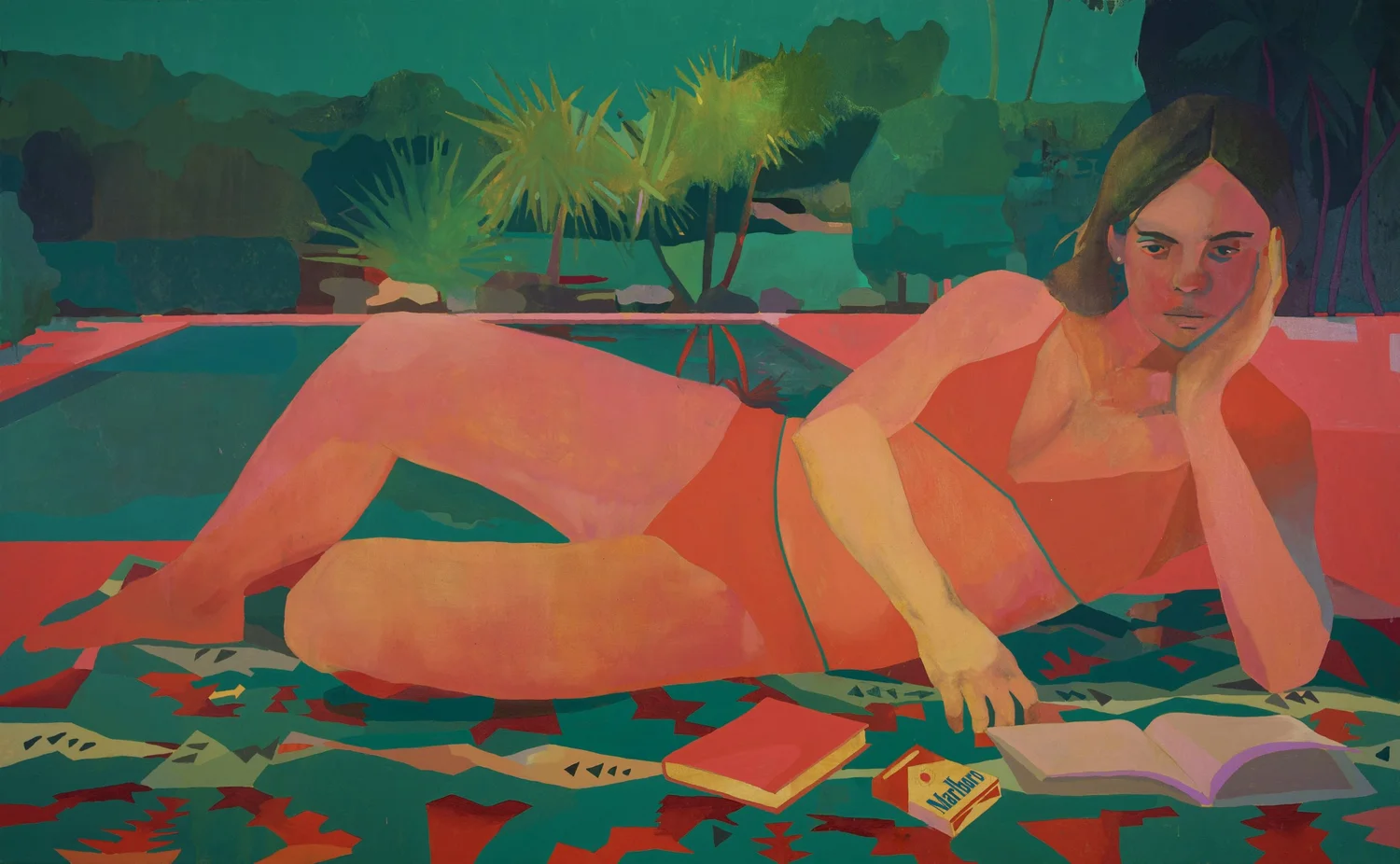 More Photons, Less Problems, by Patrick Puckett. A reclining figure in orange beside a pool, with books in the foreground.