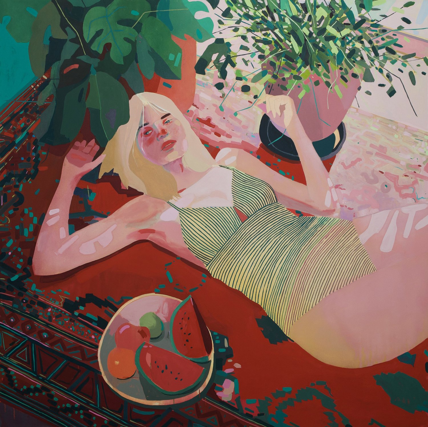 Watermelon, by Patrick Puckett. A reclining figure beside sliced watermelon and leafy plants.