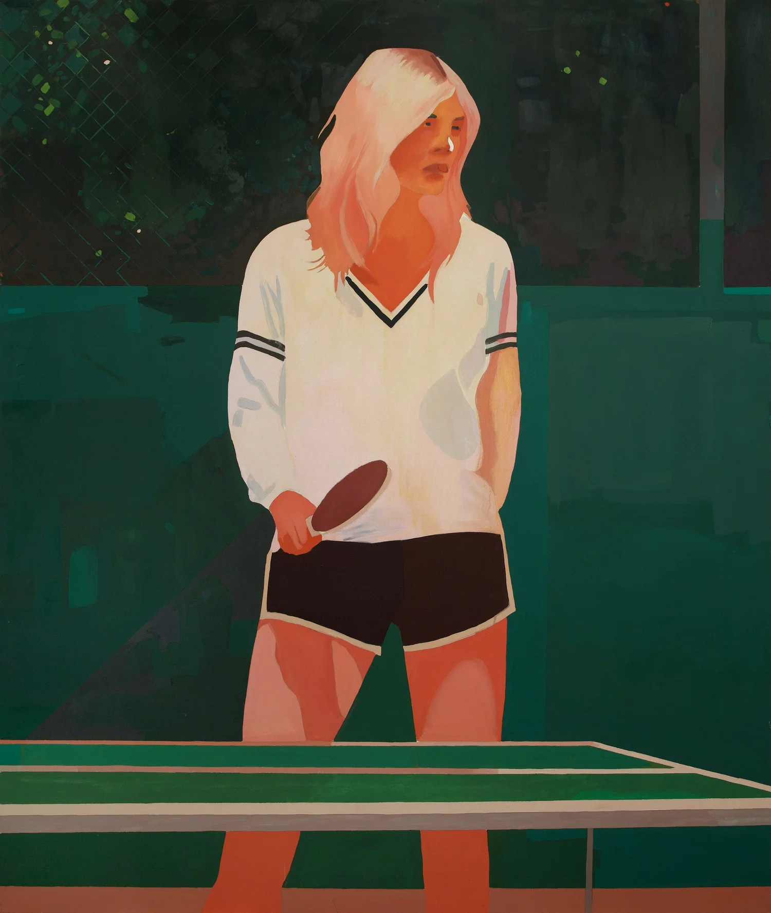 Playing Ping Pong on Orbital Data Center X39211, by Patrick Puckett. A standing figure holding a paddle beside a ping-pong table.