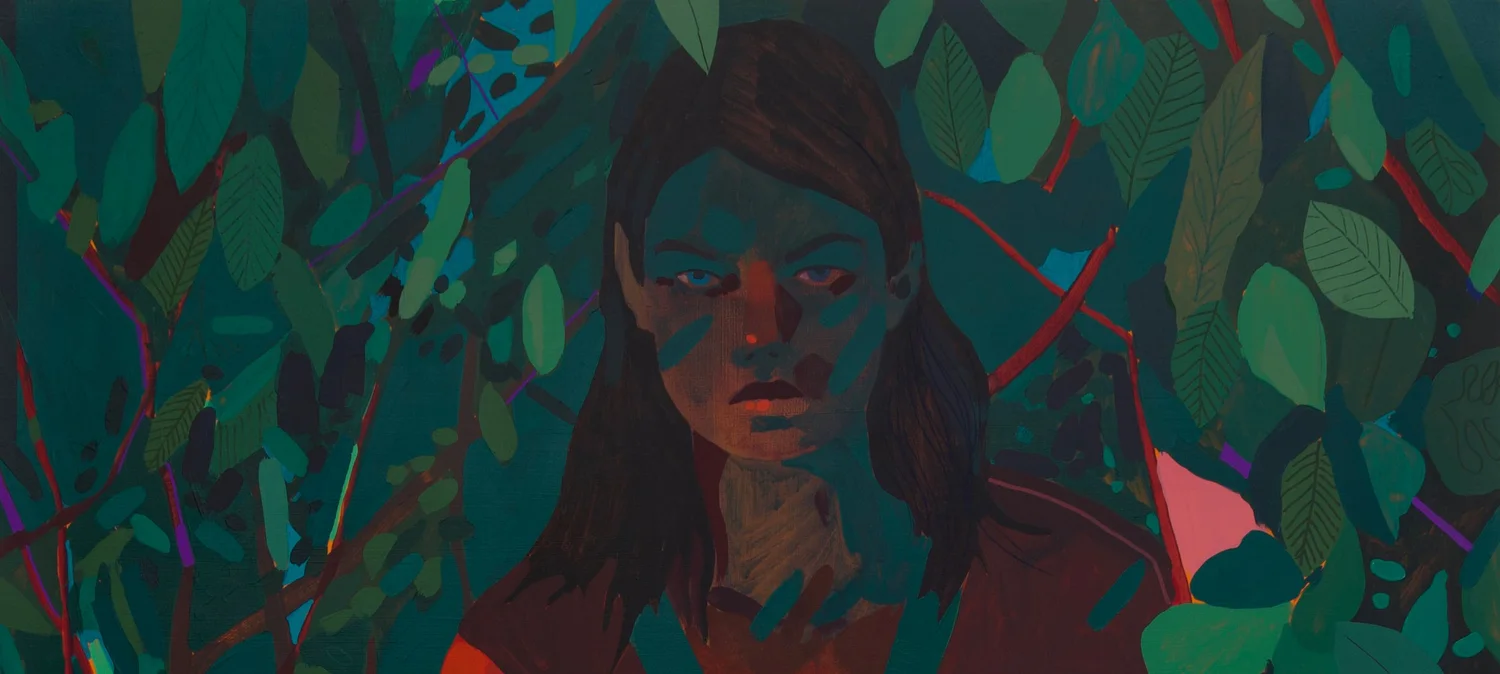 Detail of Reddish Right Hand by Patrick Puckett: a dark-haired figure surrounded by green foliage.