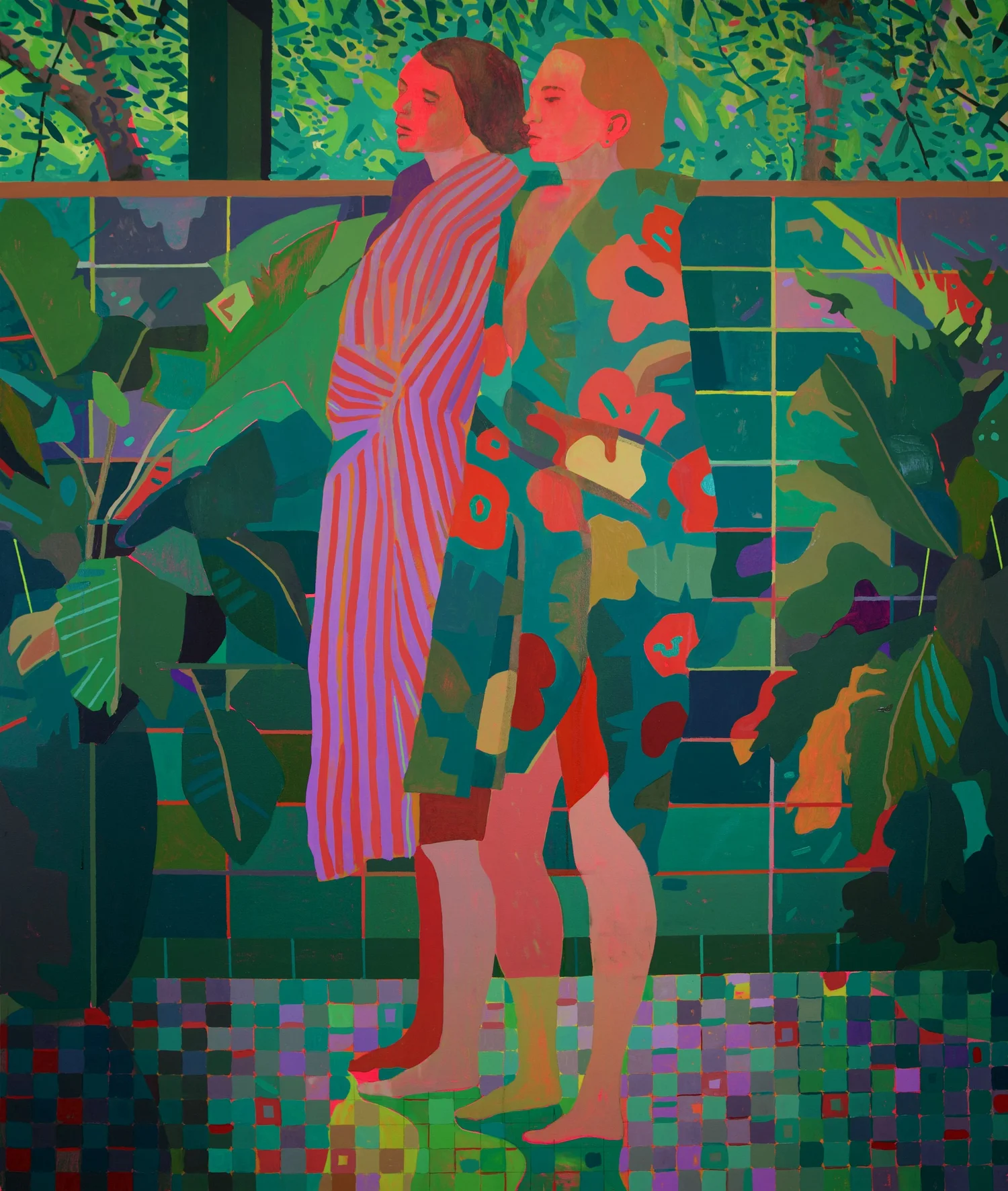 High Windows, by Patrick Puckett. Two standing figures in striped and patterned clothing among plants.