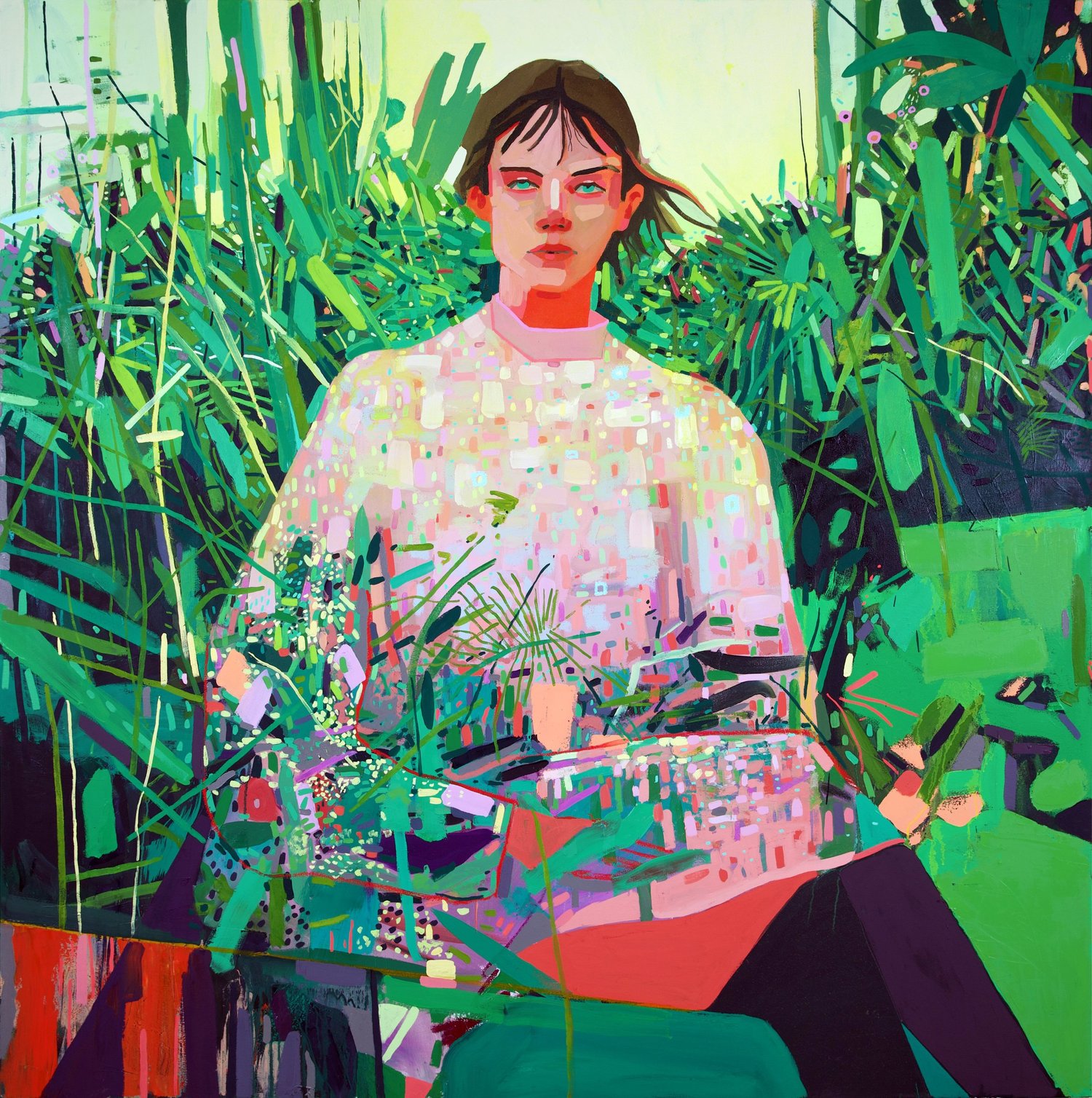 Vestido Digital, by Patrick Puckett. A seated figure in patterned clothing amid dense green foliage.