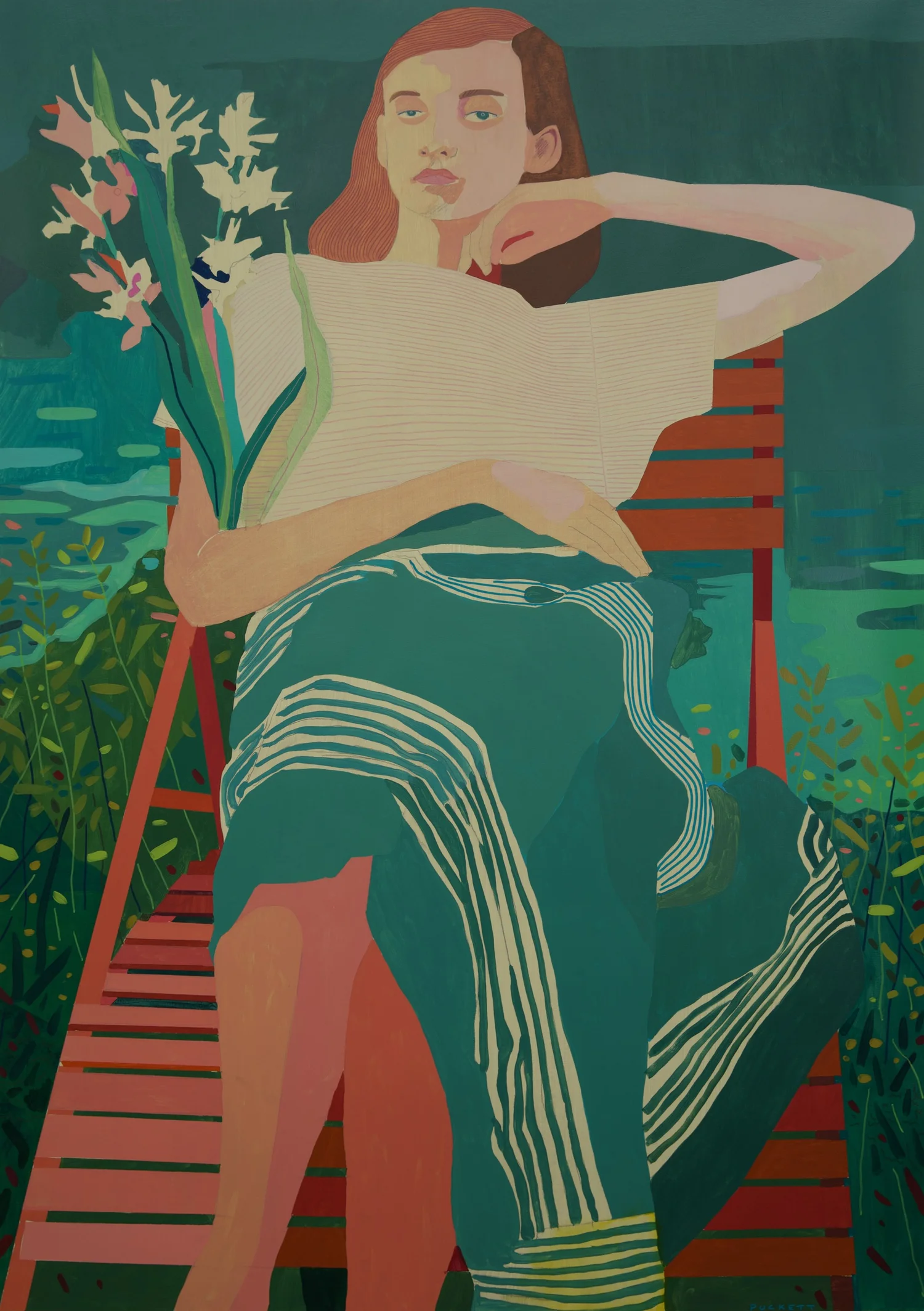 Bouquet, by Patrick Puckett. A seated figure holding white flowers and resting one arm behind their head.