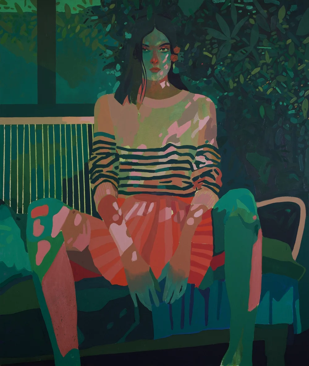 A Certain Slant of Light, 2026, by Patrick Puckett. A seated figure in a striped top rests in a green chair beneath overlapping foliage and patches of light.